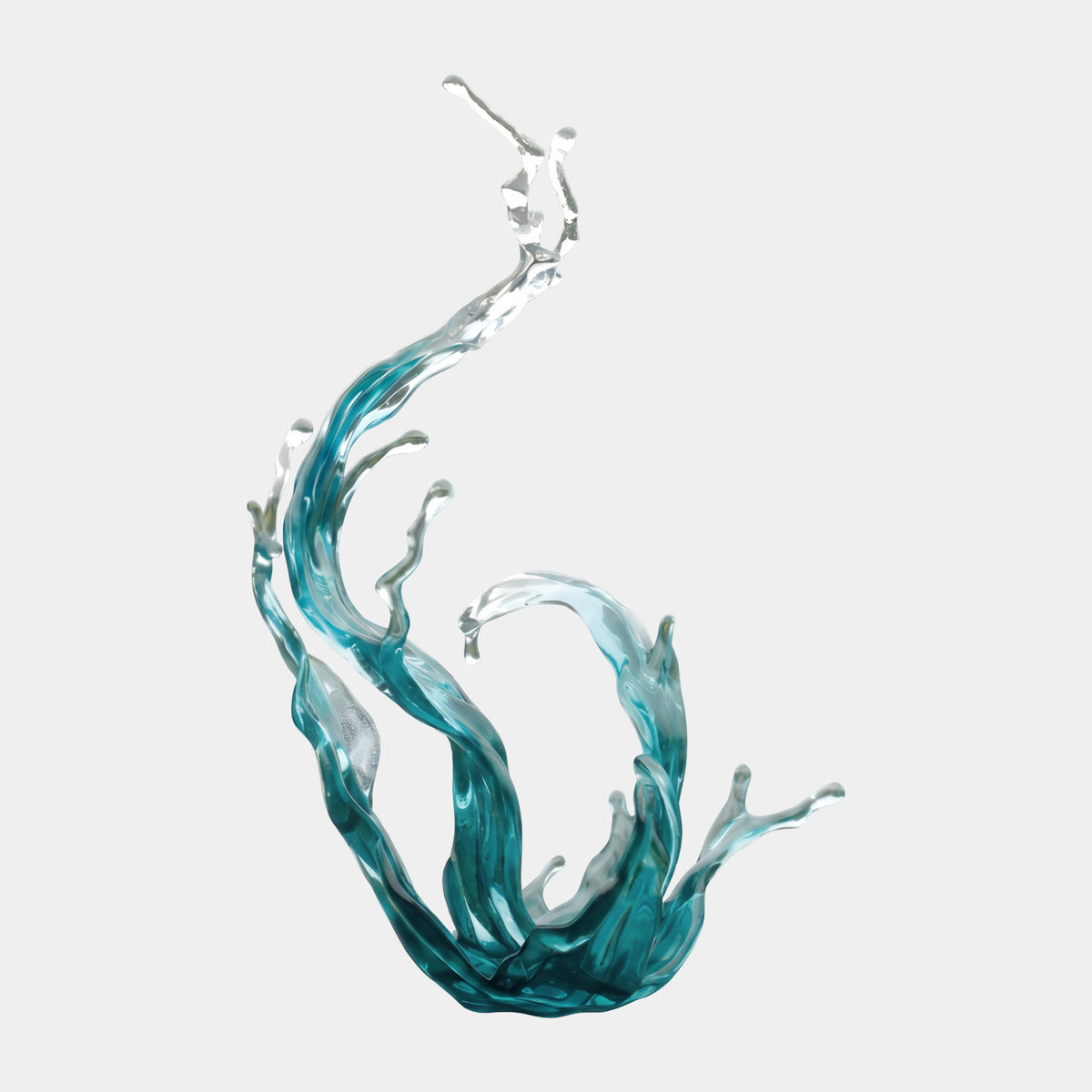 Teal & Clear Towering Splash Resin Sculpture, 240cm, glassy resin waves curling upward from a splash base into clear tips, shown on a plain white background.
