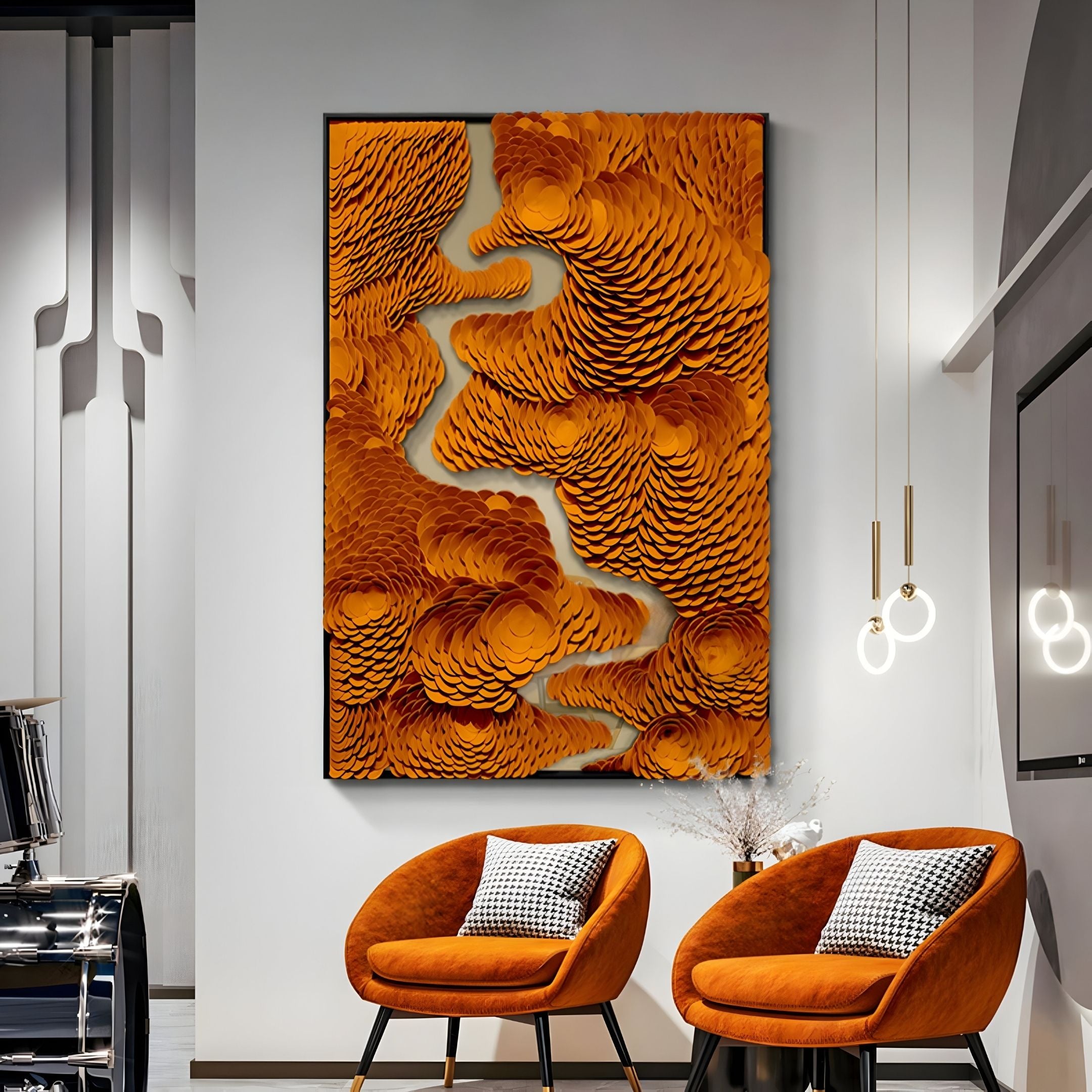Virethra Orange Layered Leather & Mirror 3D Wall Art