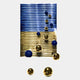 Orbentra Dual-Tone 3D Wall Art featuring a ribbed cobalt blue and polished gold split panel with glossy blue and mirrored gold metal ball accents, shown on a plain light background.