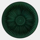 The Centriva Green II Folded Leather Round 3D Wall Art by Giant Sculptures features dark green, leaf-like patterns and concentric rings in a circular design, creating sculptural sunburst decor on a light gray background.