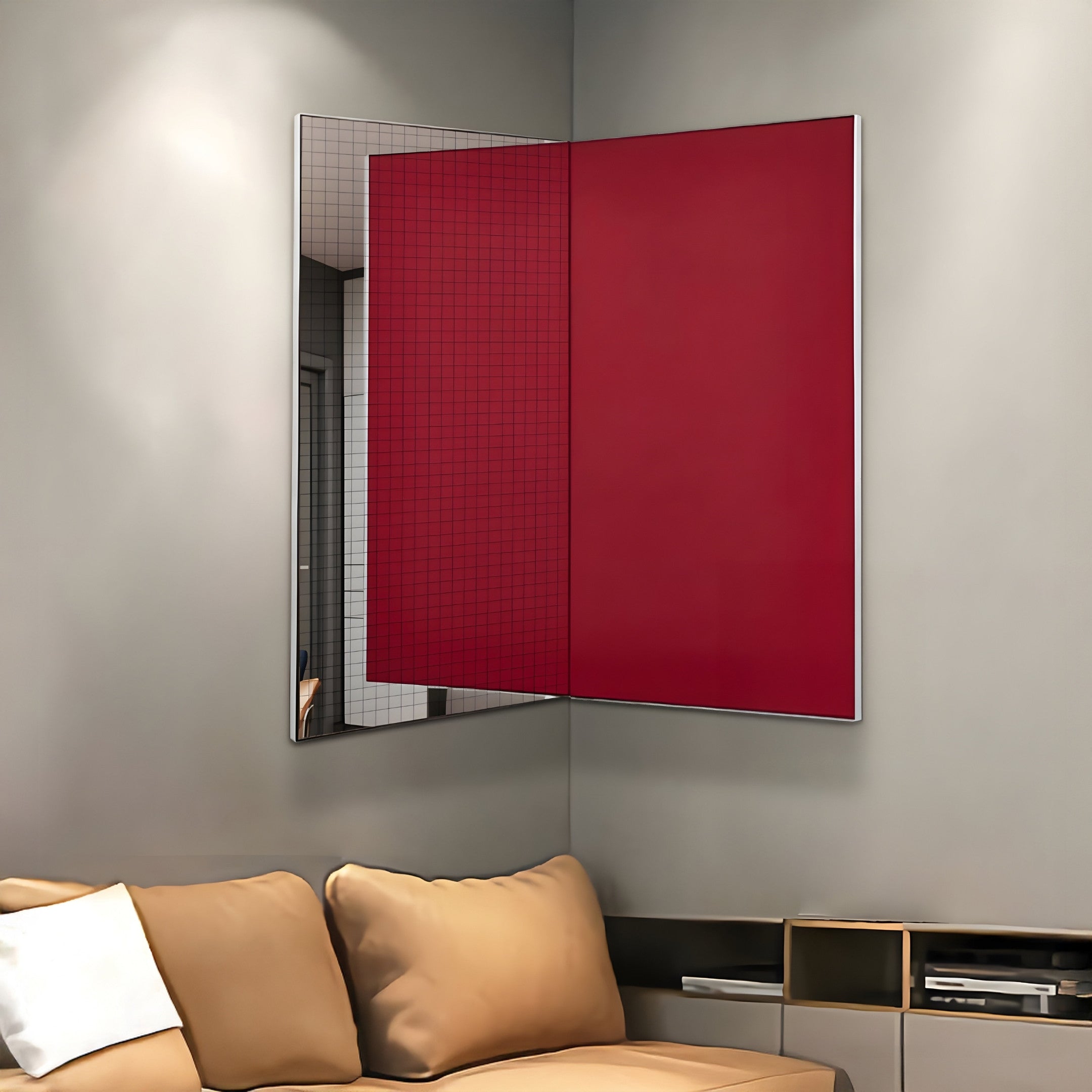 Grilith Red Grid Mirror Dual Panel 3D Wall Art