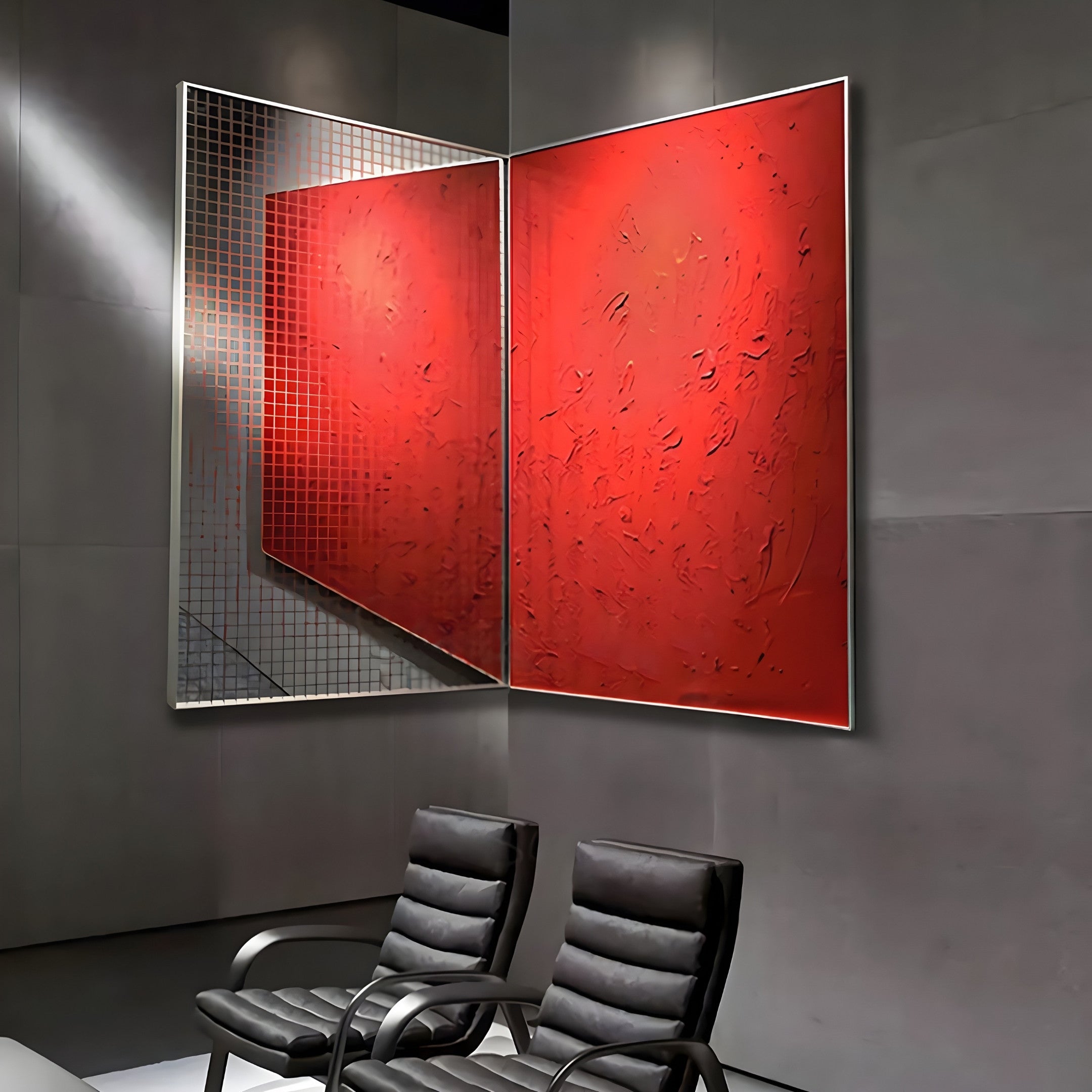 Grilith Red Textured Mirror Dual Panel 3D Wall Art