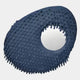 The Aurec Blue Textured Leather & Mirror 3D Wall Art by Giant Sculptures features a blue, oval design with a rough surface and circular cutout, resembling abstract decor or a contemporary mirror, shown on a white background.