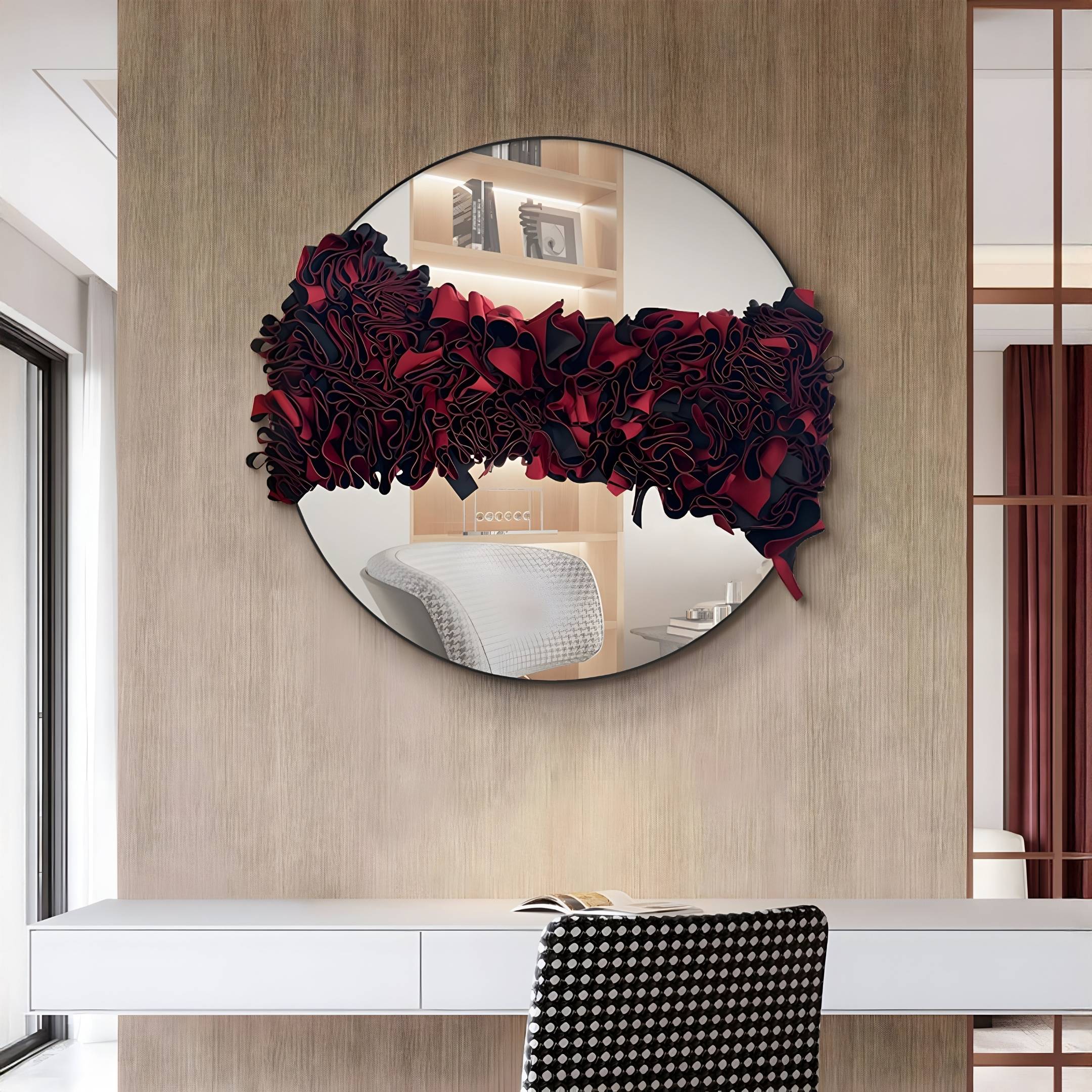 Stravelle Red & Black Fold Leather Mirror 3D Wall Art