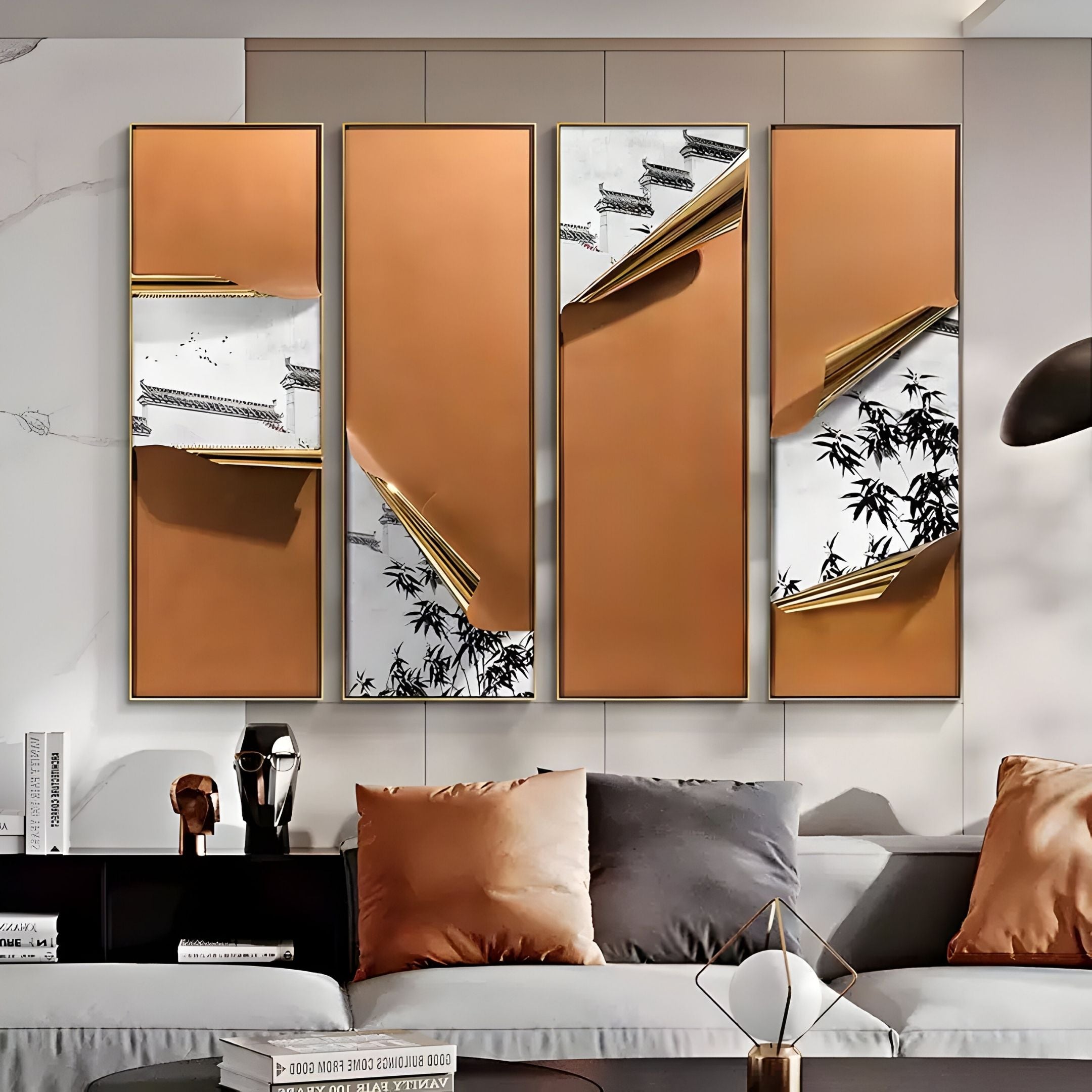 Cuvora 4-Panel Bamboo Terrace Leather 3D Wall Art