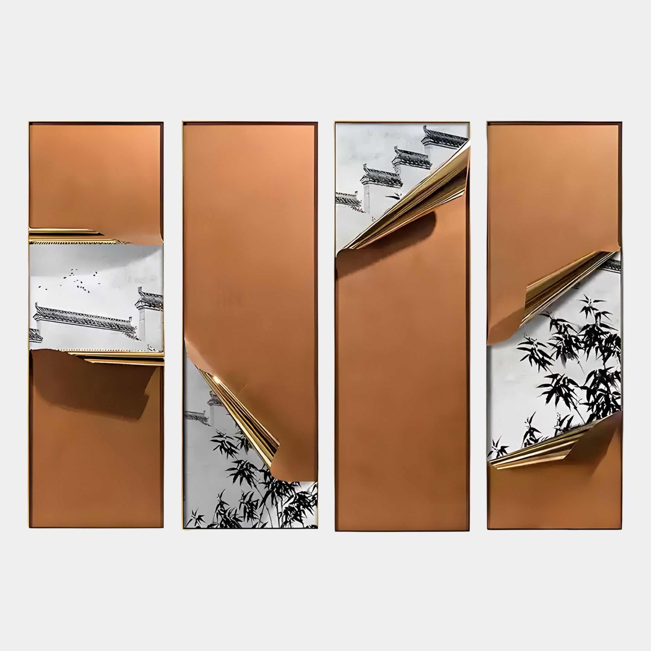 Cuvora 4-Panel Bamboo Terrace Leather 3D Wall Art