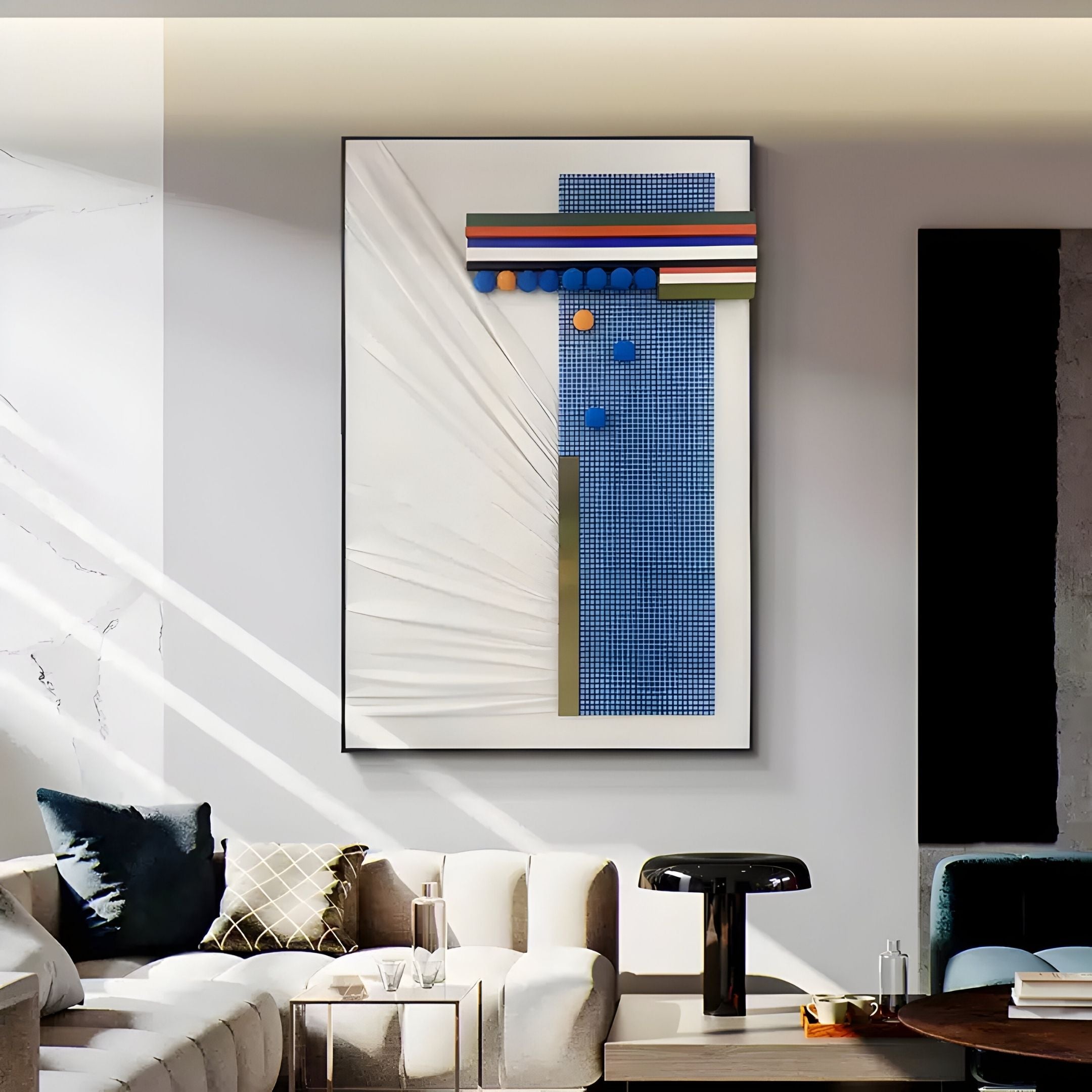 Grivaro Blue Grid & Stripe Sphere Leather 3D Wall Art