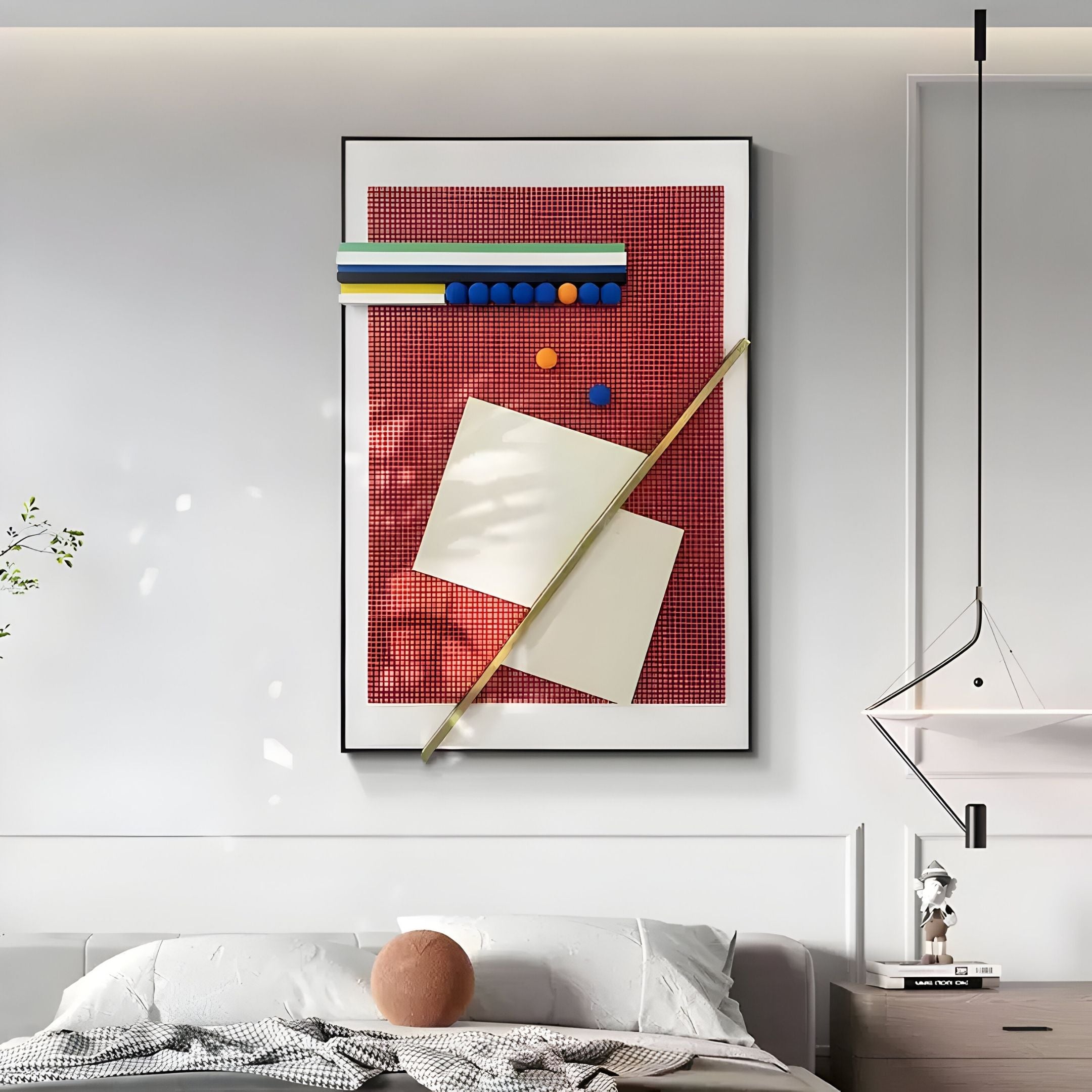 Grivaro Red Grid & Cream Panel Sphere Leather 3D Wall Art