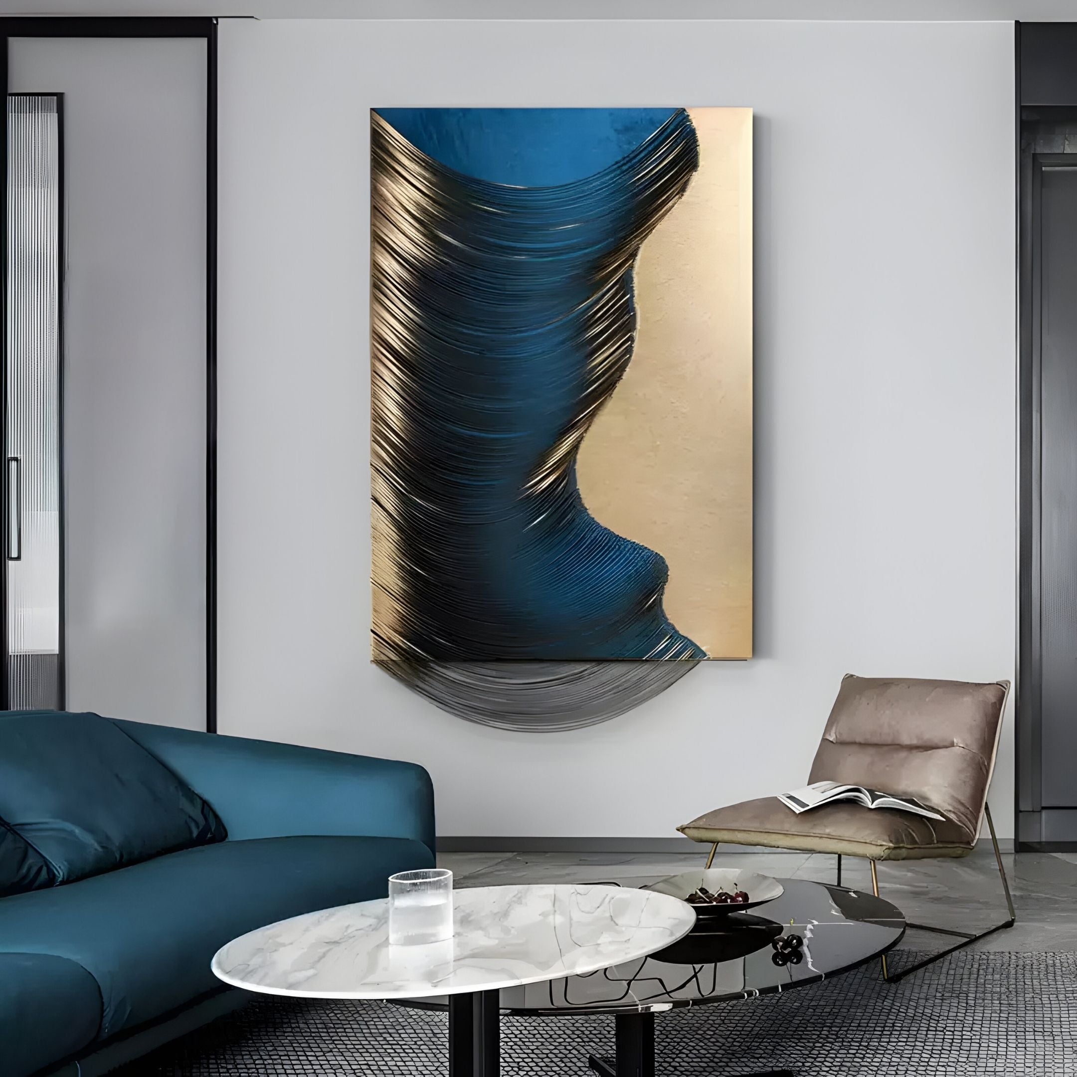 Arvinea Cobalt Curve Sculptural Leather 3D Wall Art