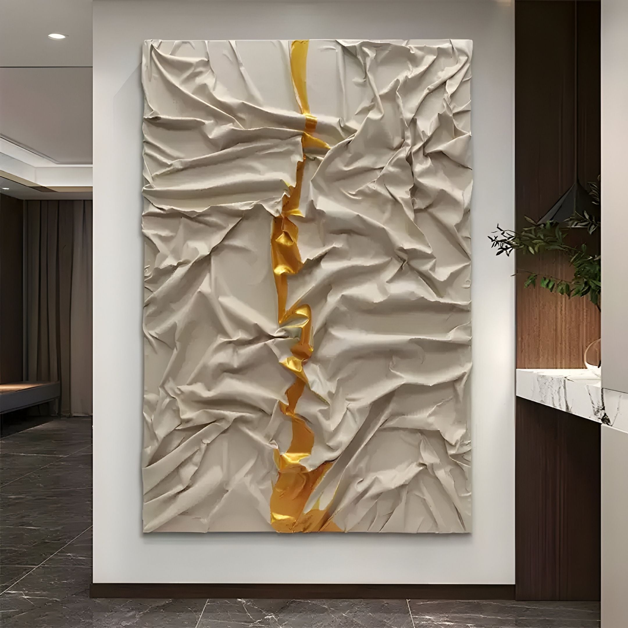 Cravyrn Beige & Gold Leather Hand-Painted 3D Wall Art