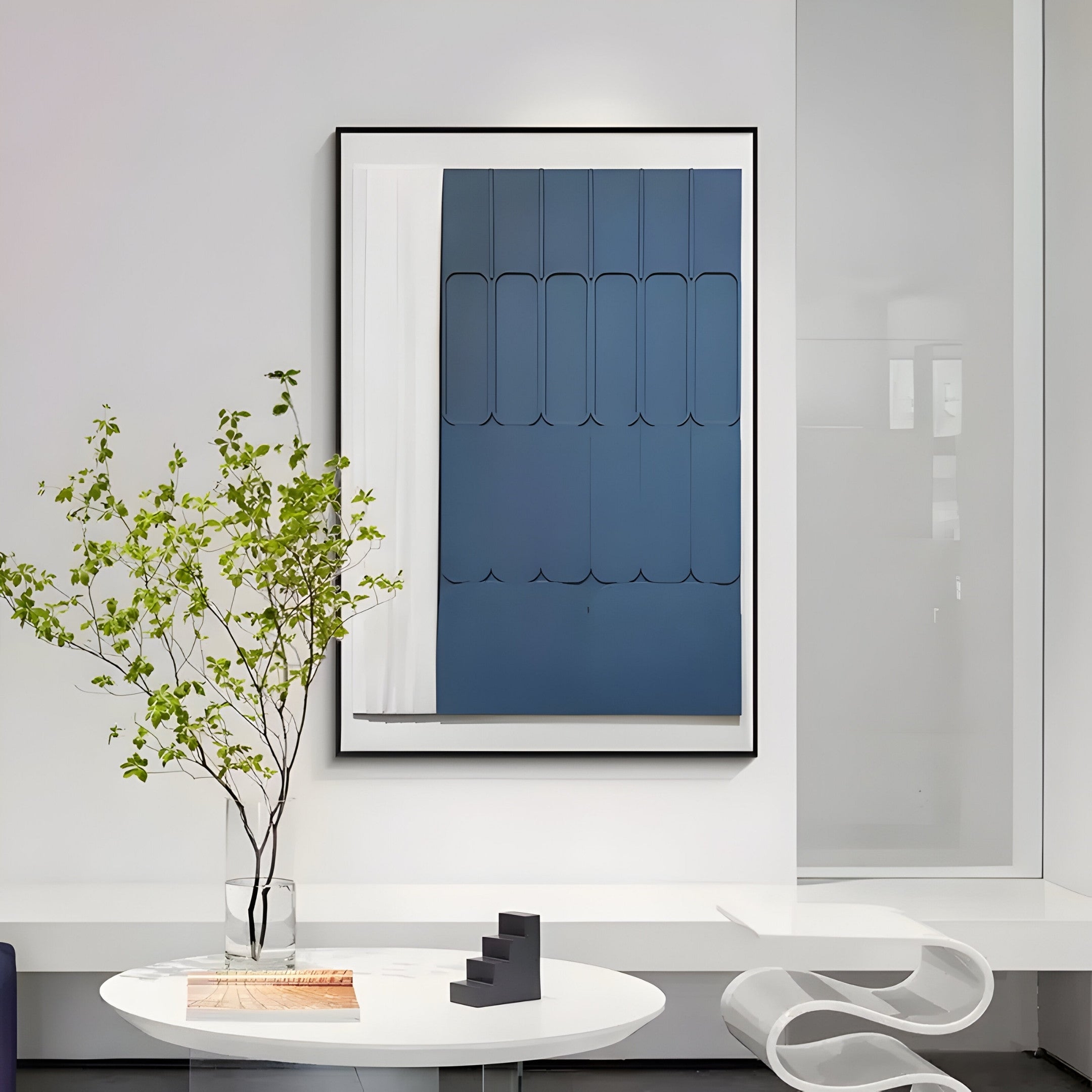 Trivaro Blue Panel I Wood Carving 3D Wall Art