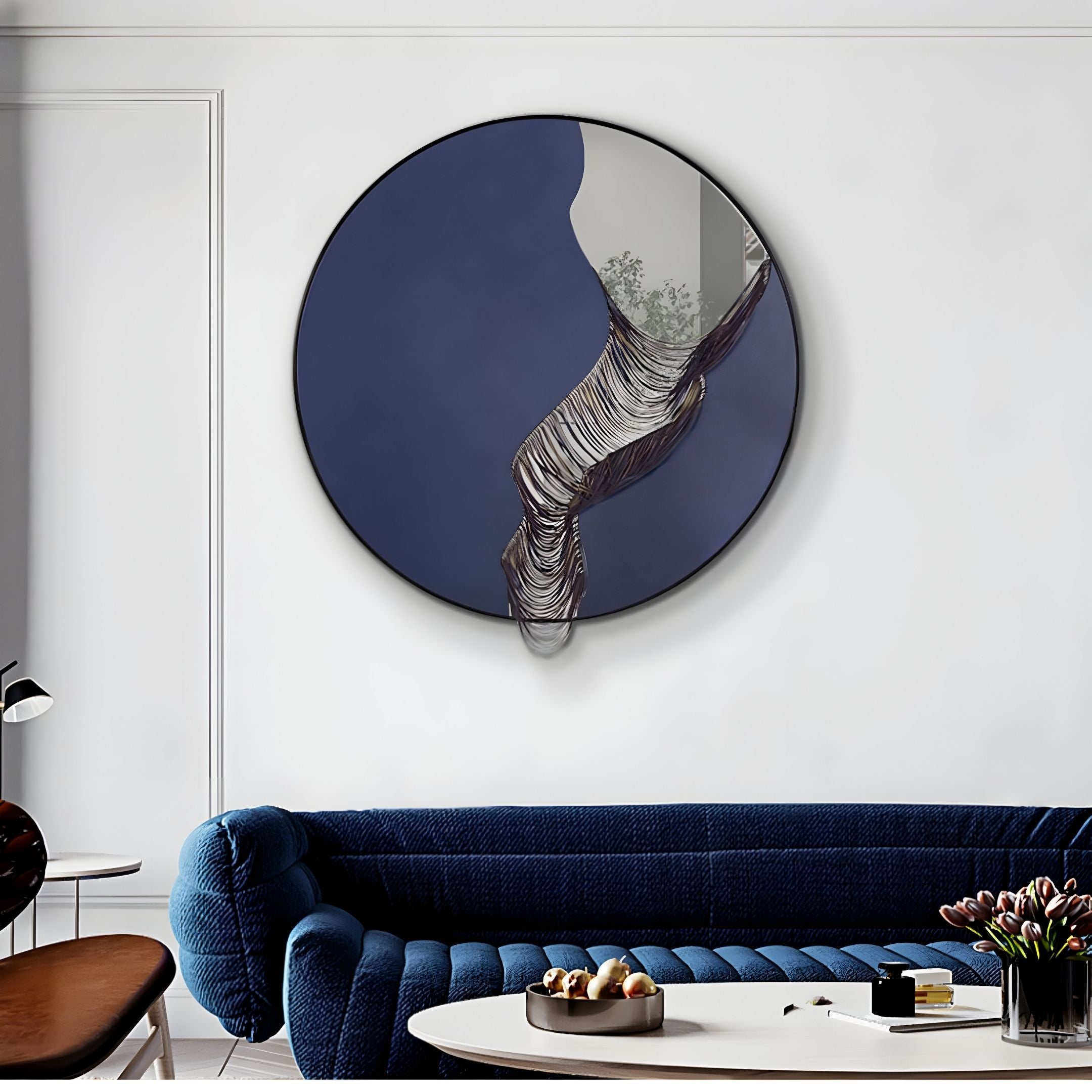 Rivelune Navy Blue Sculptural Round Mirror 3D Wall Art
