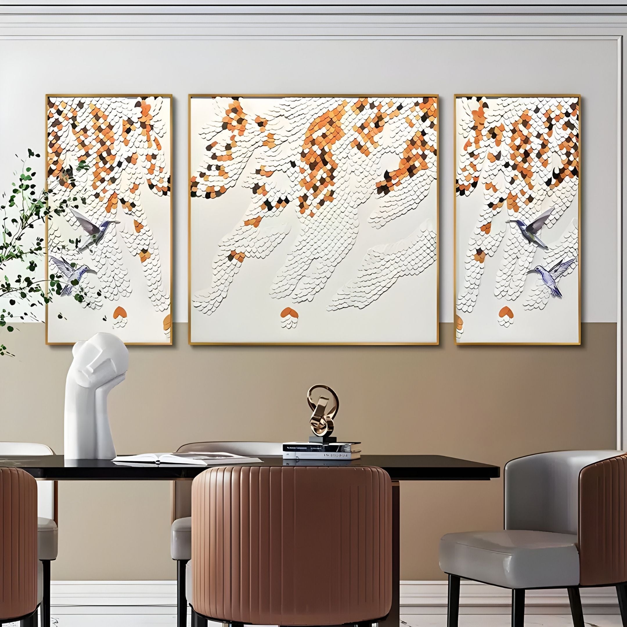Avarra Orange & White Bird Flight Triptych Leather 3D Wall Art