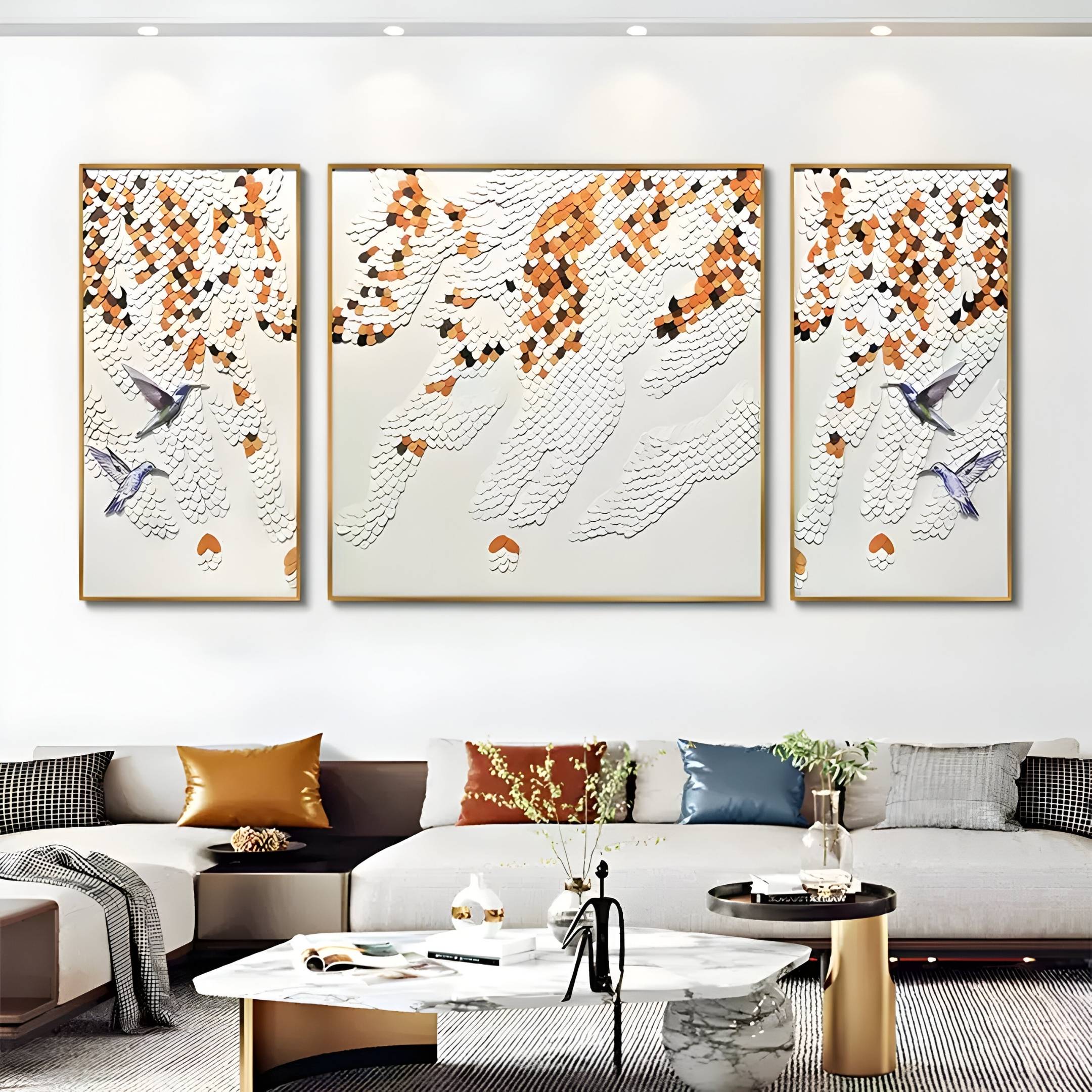 Avarra Orange & White Bird Flight Triptych Leather 3D Wall Art