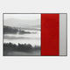 The Ryushin Fog Ridge Red Leather Carving 3D Wall Art by Giant Sculptures features a misty grayscale forest on the left, a red leather panel with subtle embossed details, and a slim white panel on the right.