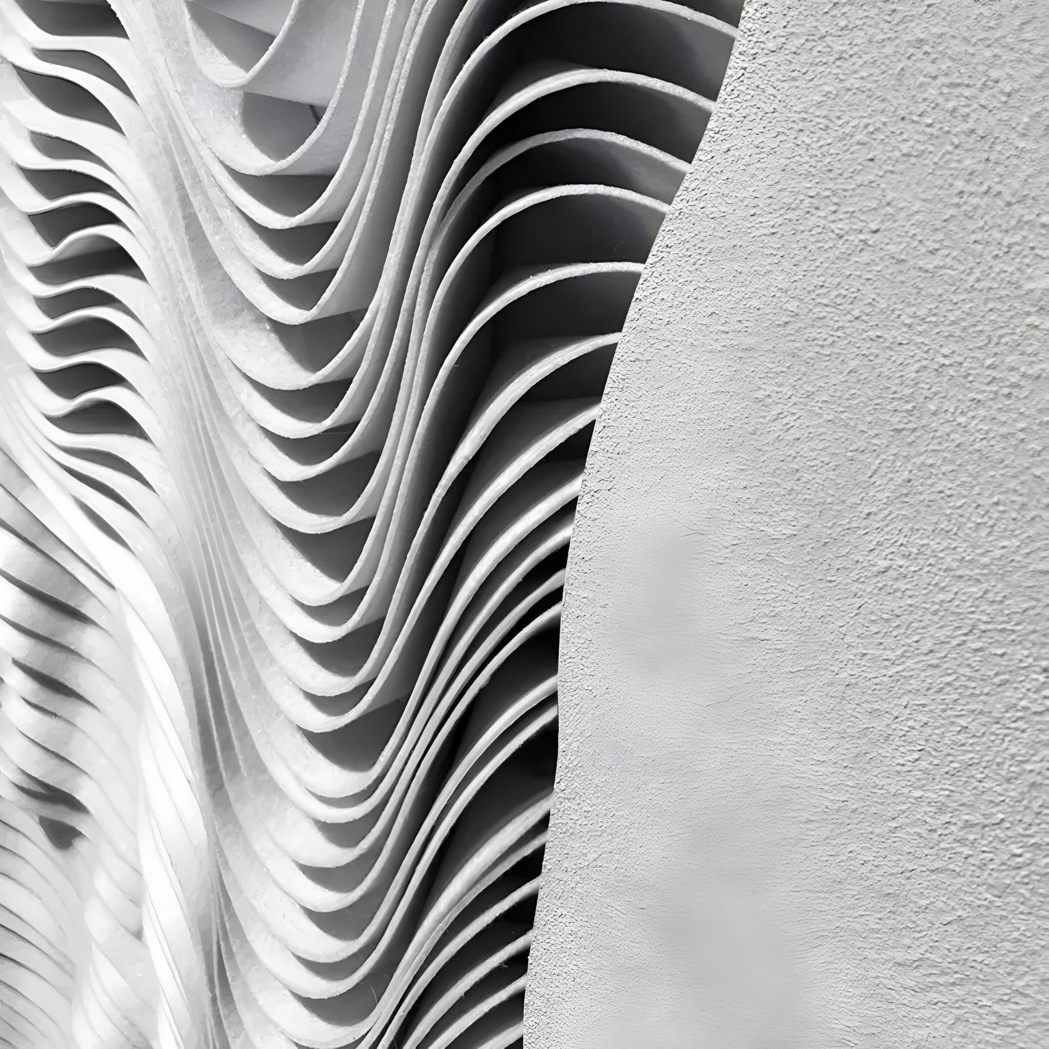 The Ravelle Grey Contour Felt 3D Relief Wall Art by Giant Sculptures features layered, wavy panels on the left for sculptural depth and movement, with a smooth textured white surface on the right.