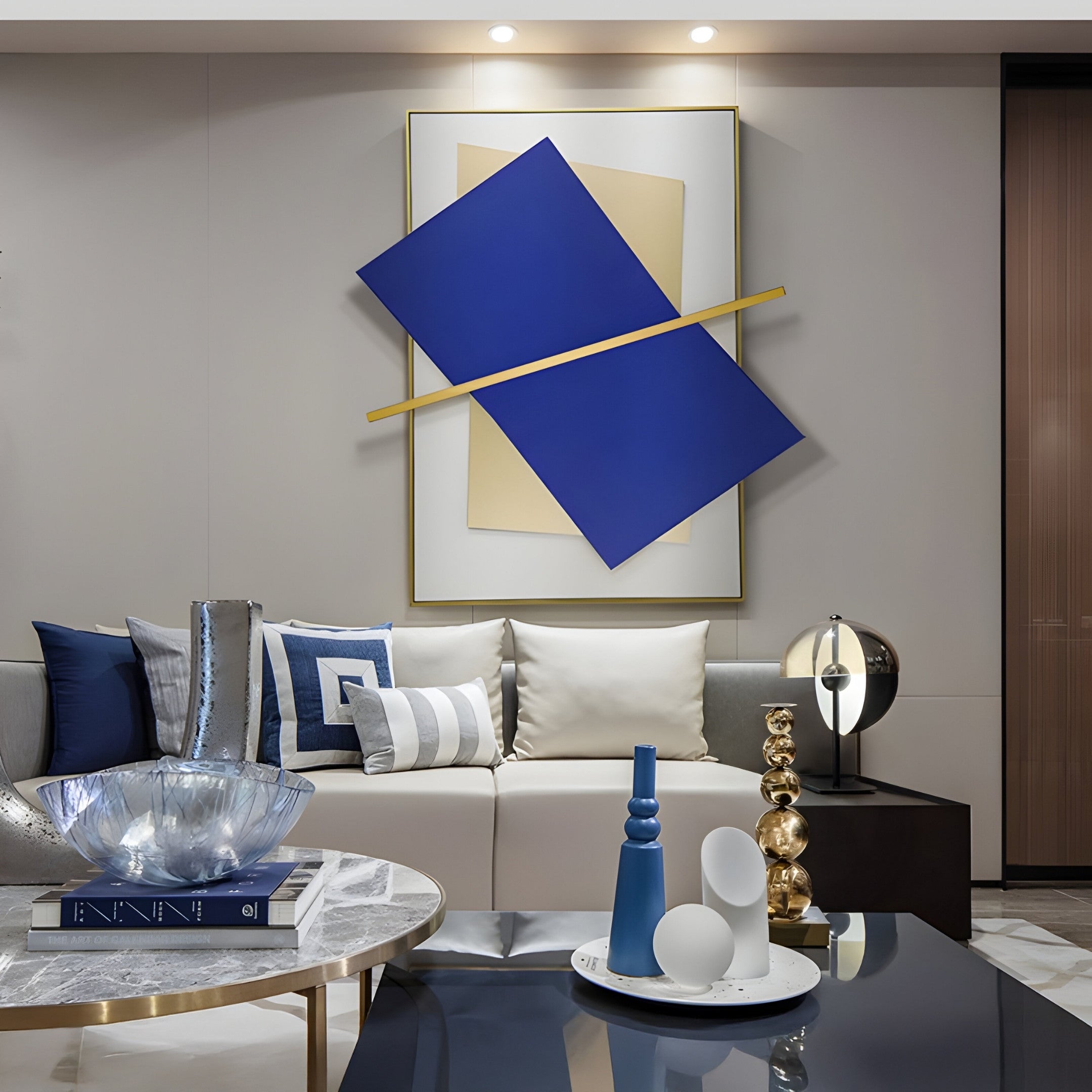 Vectura Blue & Cream Leather Vertical 3D Wall Art