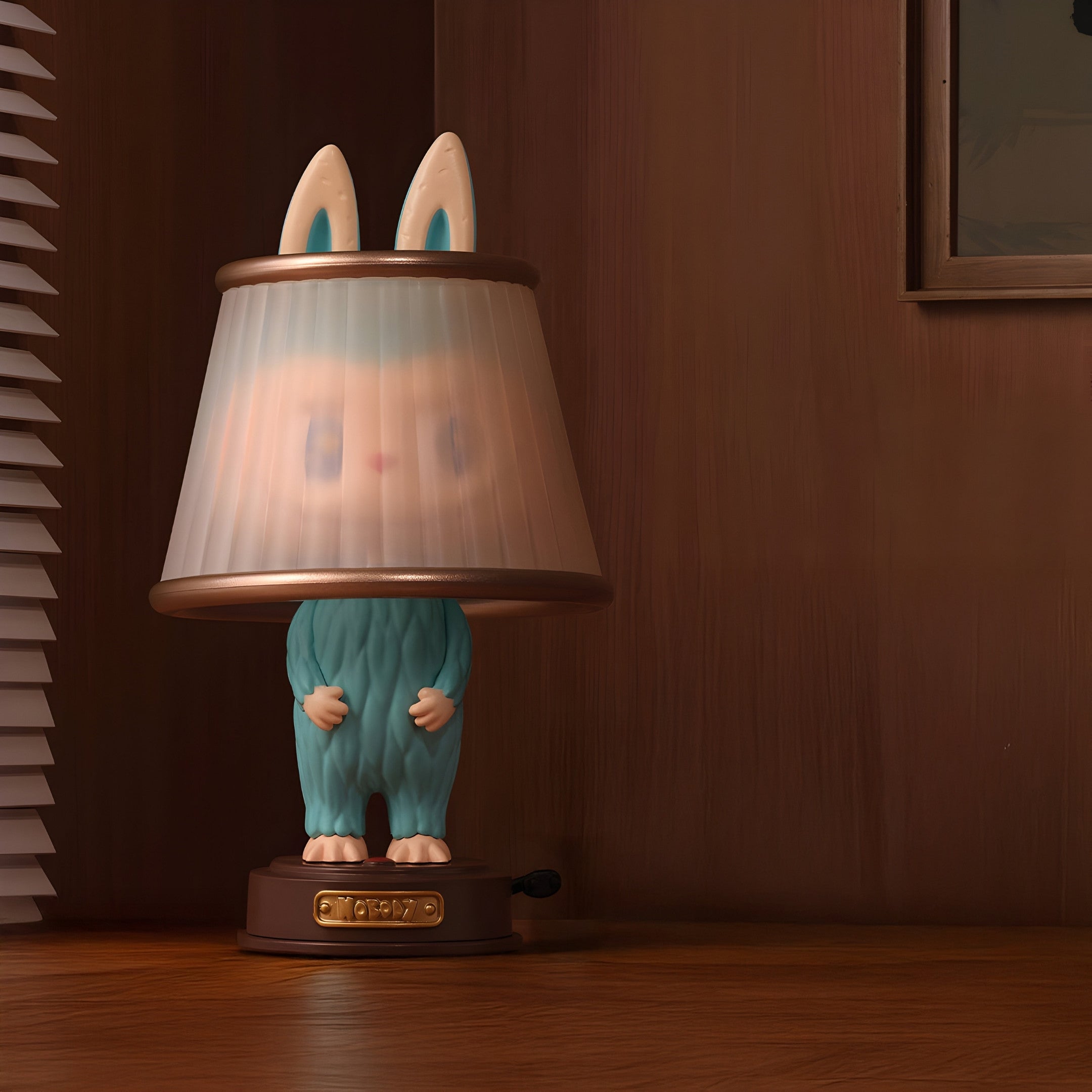 The Giant Sculptures Hidden Lamp Labubu Sculpture - 100cm is a blue bunny-inspired lamp with a lampshade over its head, ideal for modern interiors and perfect for adding charm to any warmly lit room.