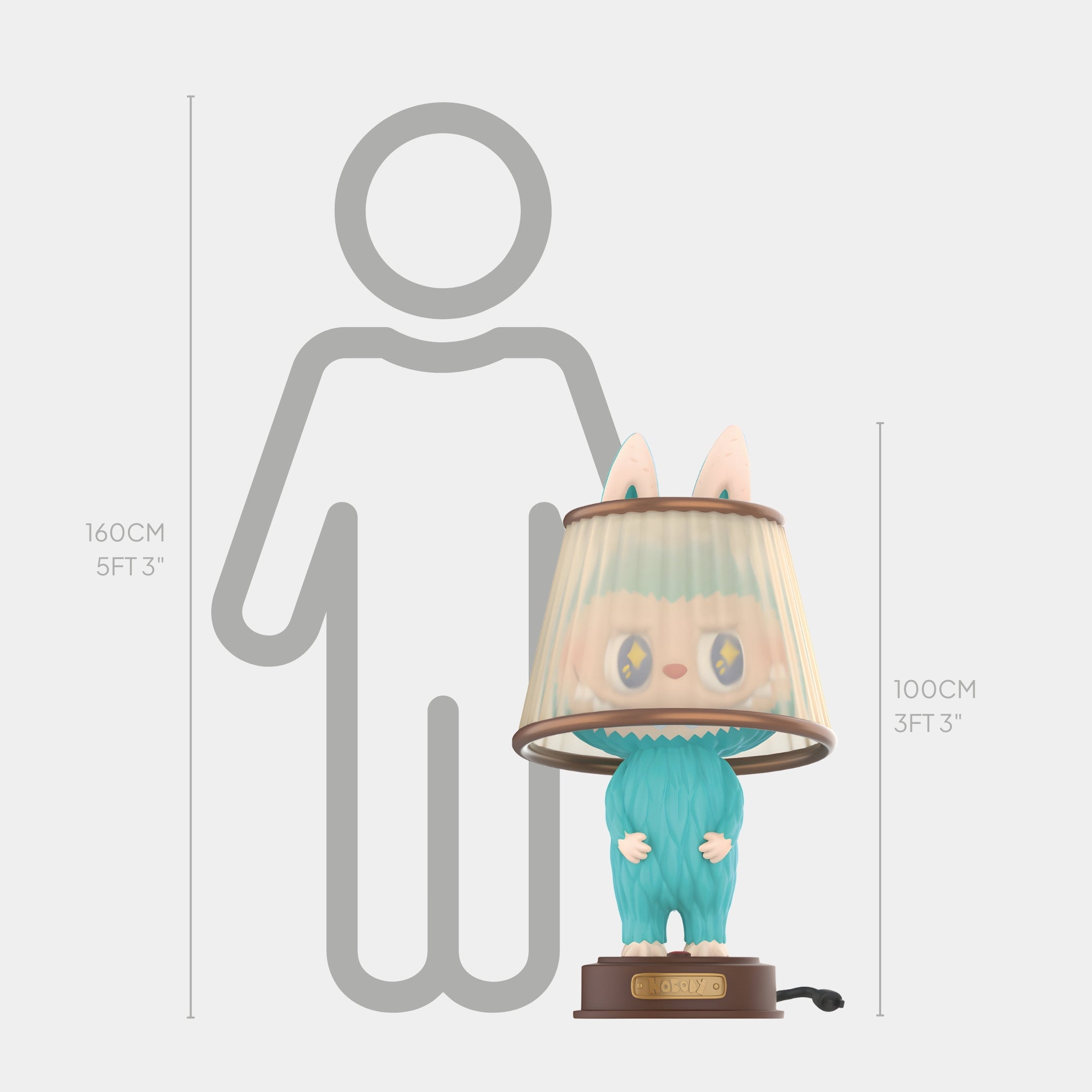 The Hidden Lamp Labubu Sculpture - 100cm by Giant Sculptures is a small cat-shaped fibreglass figure with a lampshade head, shown beside a height chart and a 160 cm person, ideal for modern interiors.