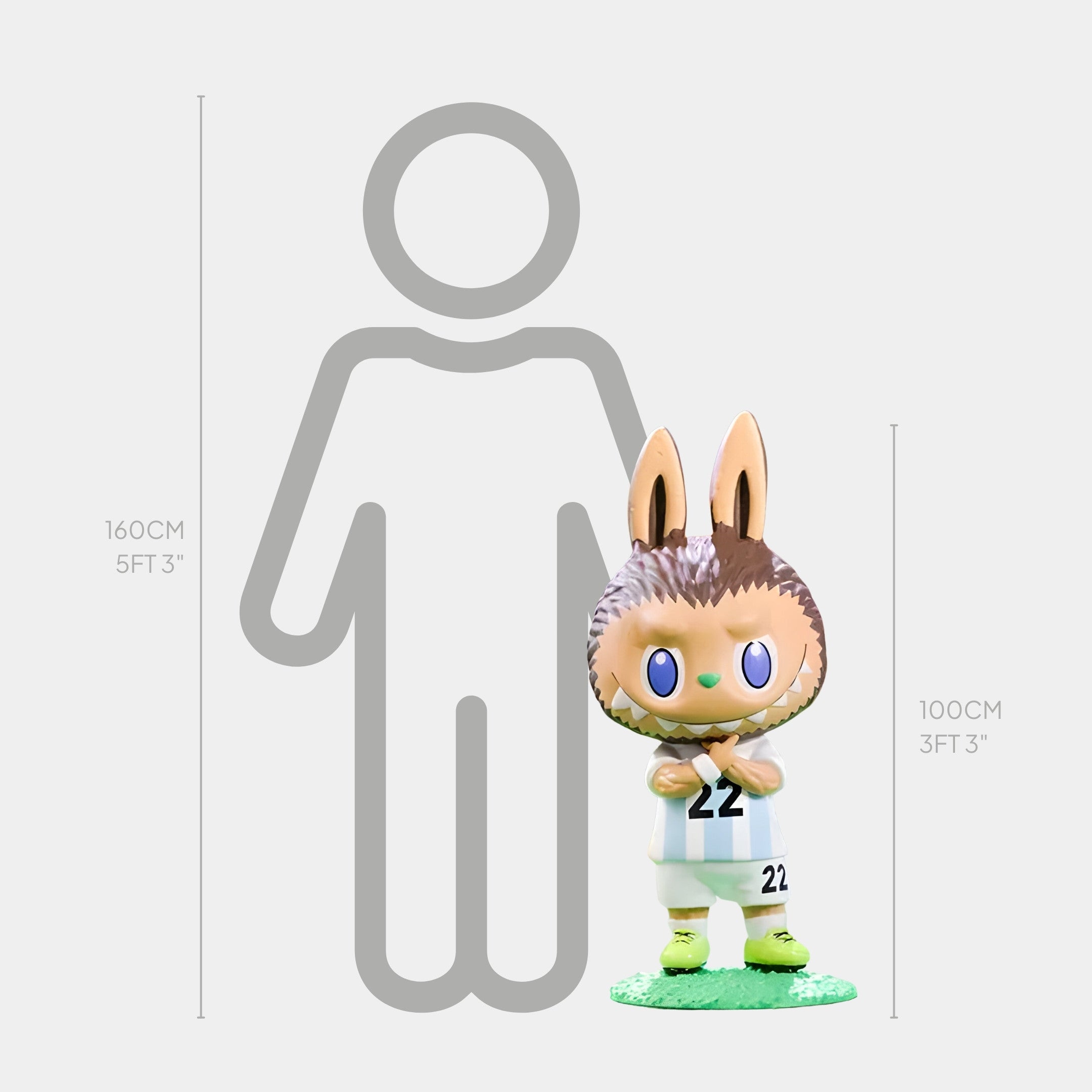 The Giant Sculptures World Cup No.22 Victory Labubu Sculpture stands 100cm tall, shown beside a human silhouette and height chart for collector display comparison.