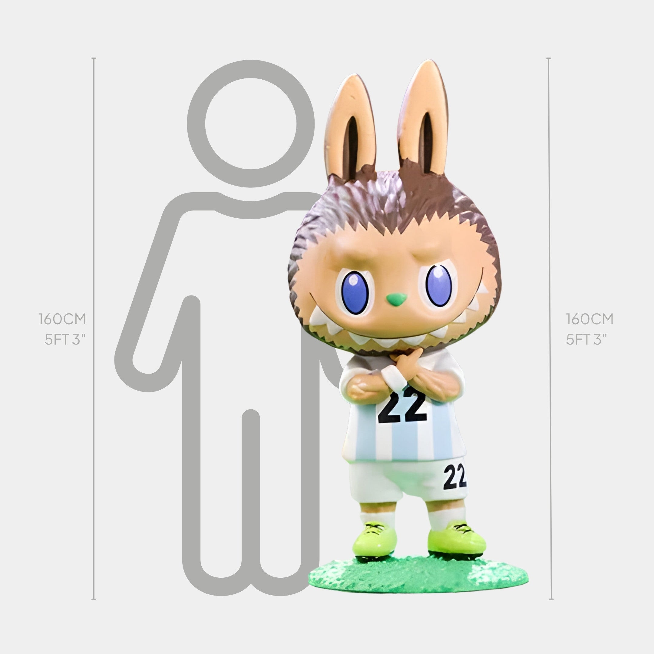 The World Cup No.22 Victory Labubu Sculpture by Giant Sculptures stands 160cm tall, matching a 160cm human outline. Featuring a rabbit-eared helmet and Argentina kit number 22, its a unique football collectible with big blue eyes.