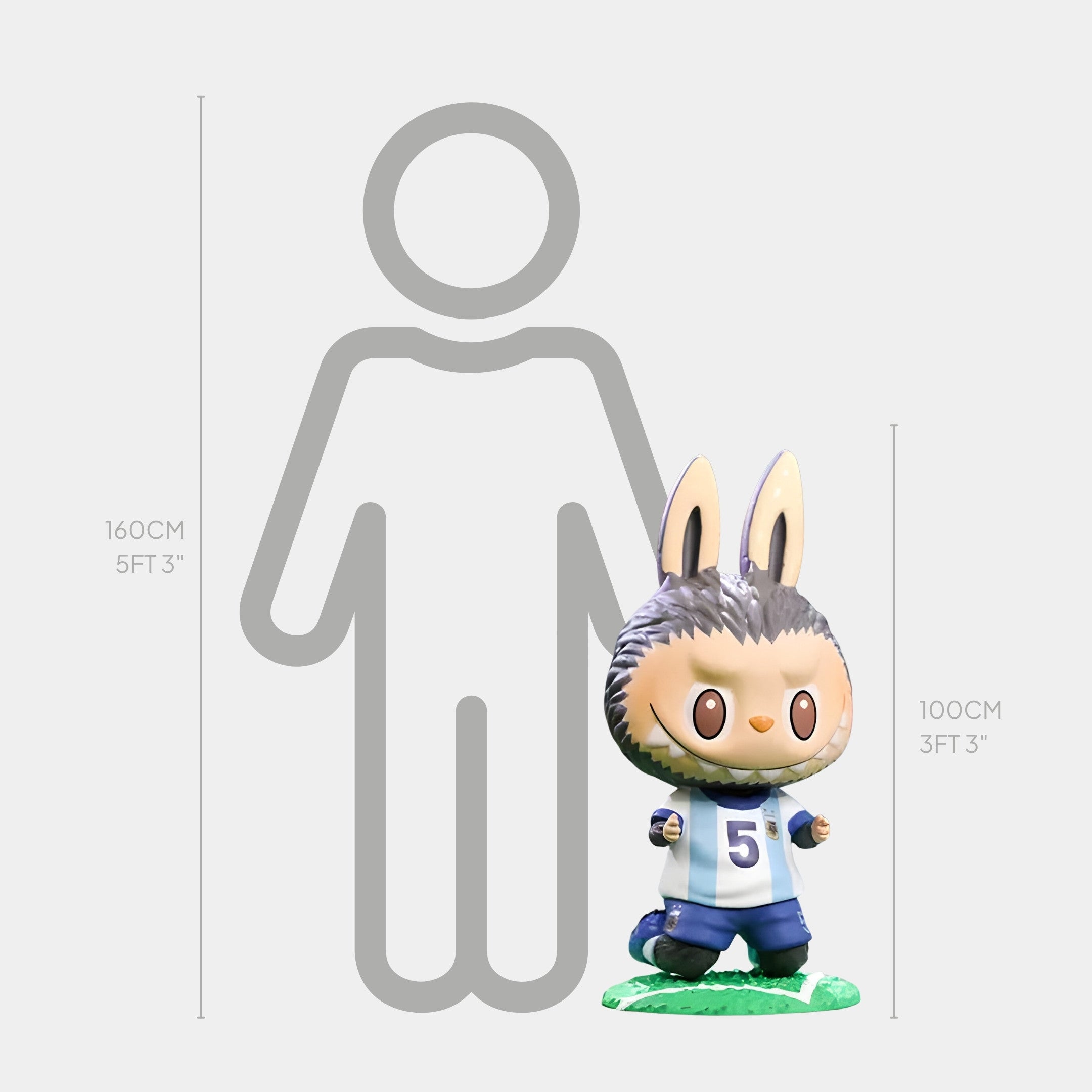 The Giant Sculptures World Cup No.5 Celebration Labubu Sculpture stands 100cm tall beside a height chart, evoking Football Art. The sculpture is 100cm, while the Argentina footballer silhouette is 160cm (5 ft 3 in).