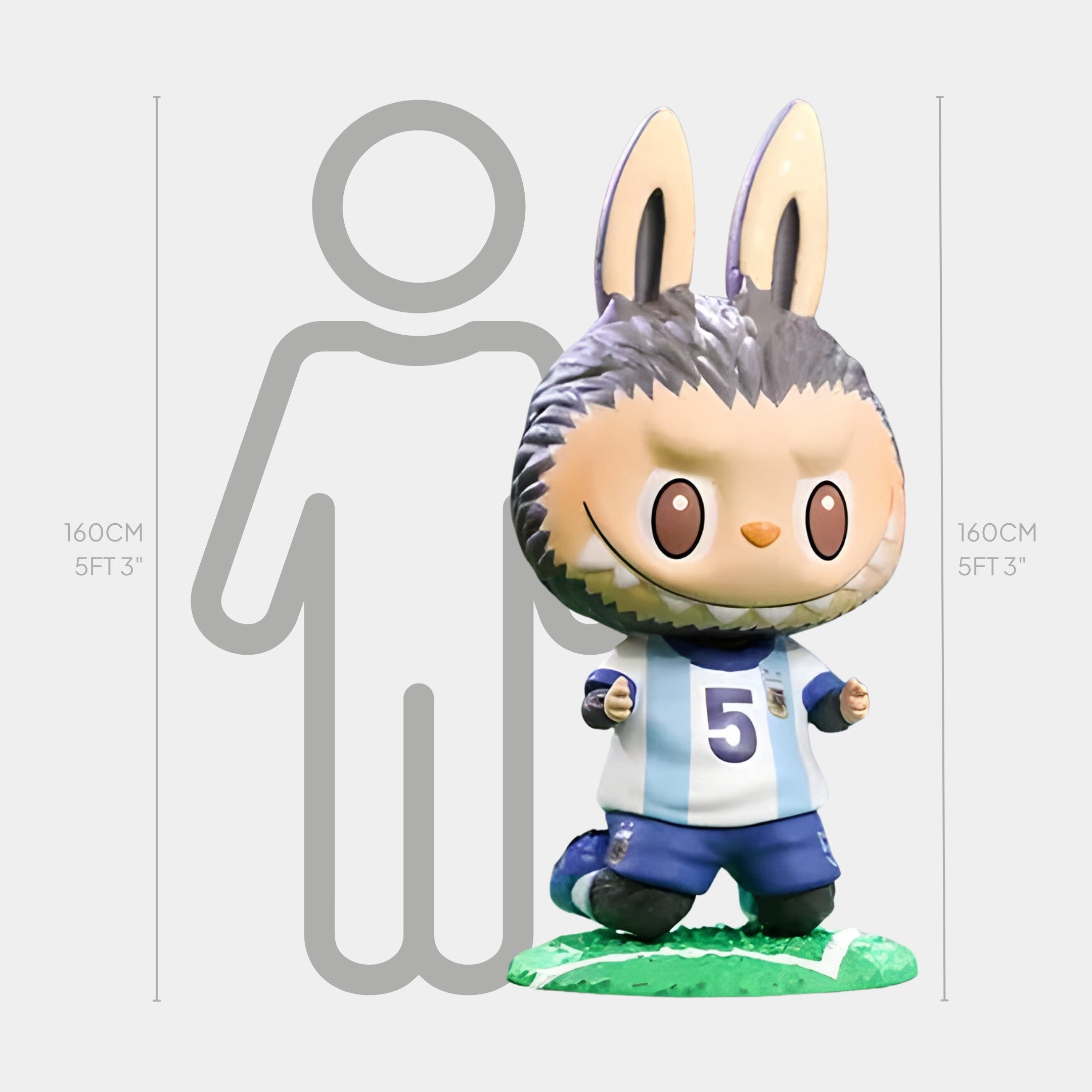 The World Cup No.5 Celebration Labubu Sculpture by Giant Sculptures features a cartoon wolf in an Argentina jersey and shorts, standing 160cm (5ft 3in) tall—ideal for World Cup celebration displays.