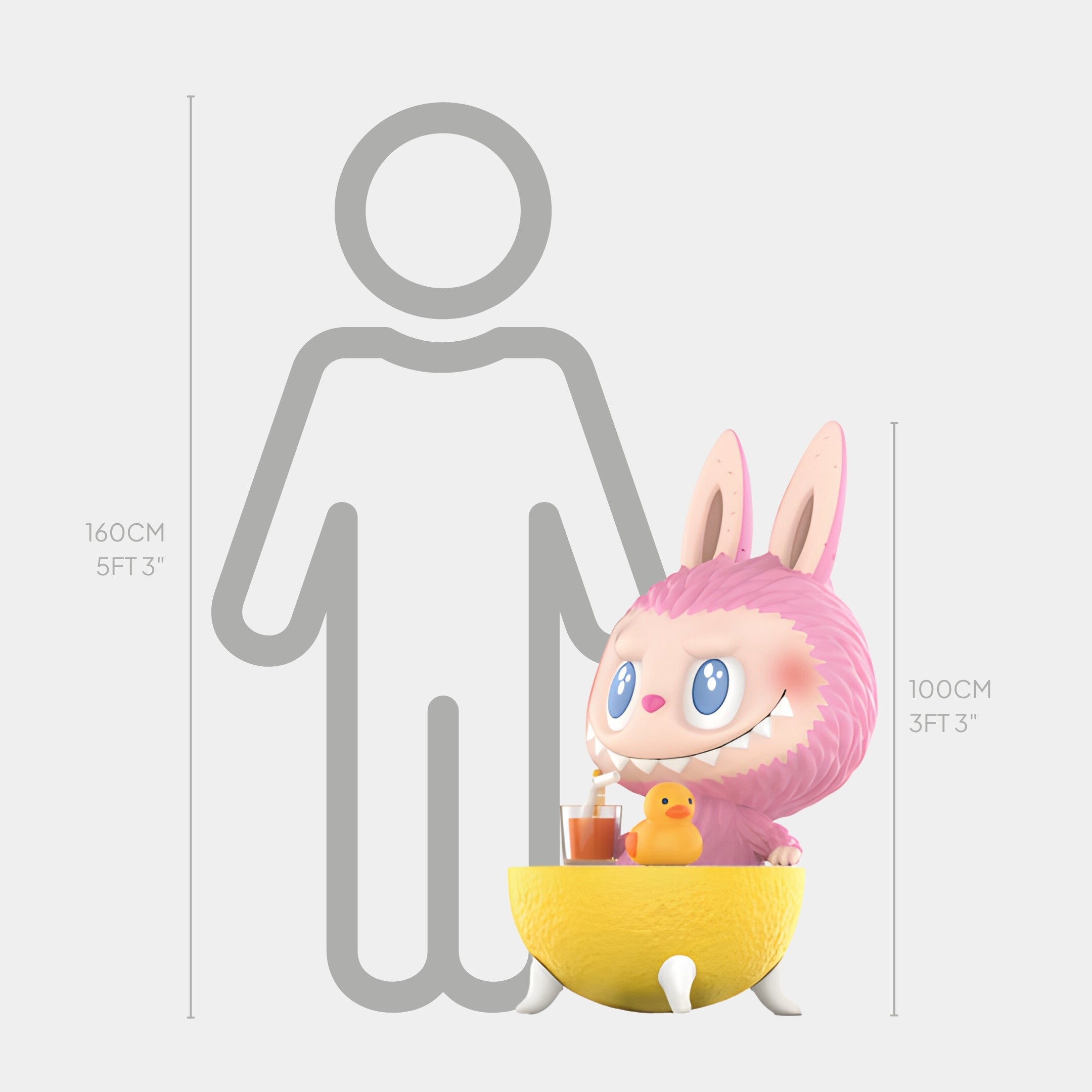 The Lemon Fruit Labubu Sculpture - 100cm by Giant Sculptures features a pink figure with bunny ears in a yellow half-egg shell, holding a drink and rubber duck, shown beside a 160cm human outline. Made from handcrafted fibreglass.