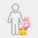The Lemon Fruit Labubu Sculpture - 100cm by Giant Sculptures features a pink figure with bunny ears in a yellow half-egg shell, holding a drink and rubber duck, shown beside a 160cm human outline. Made from handcrafted fibreglass.