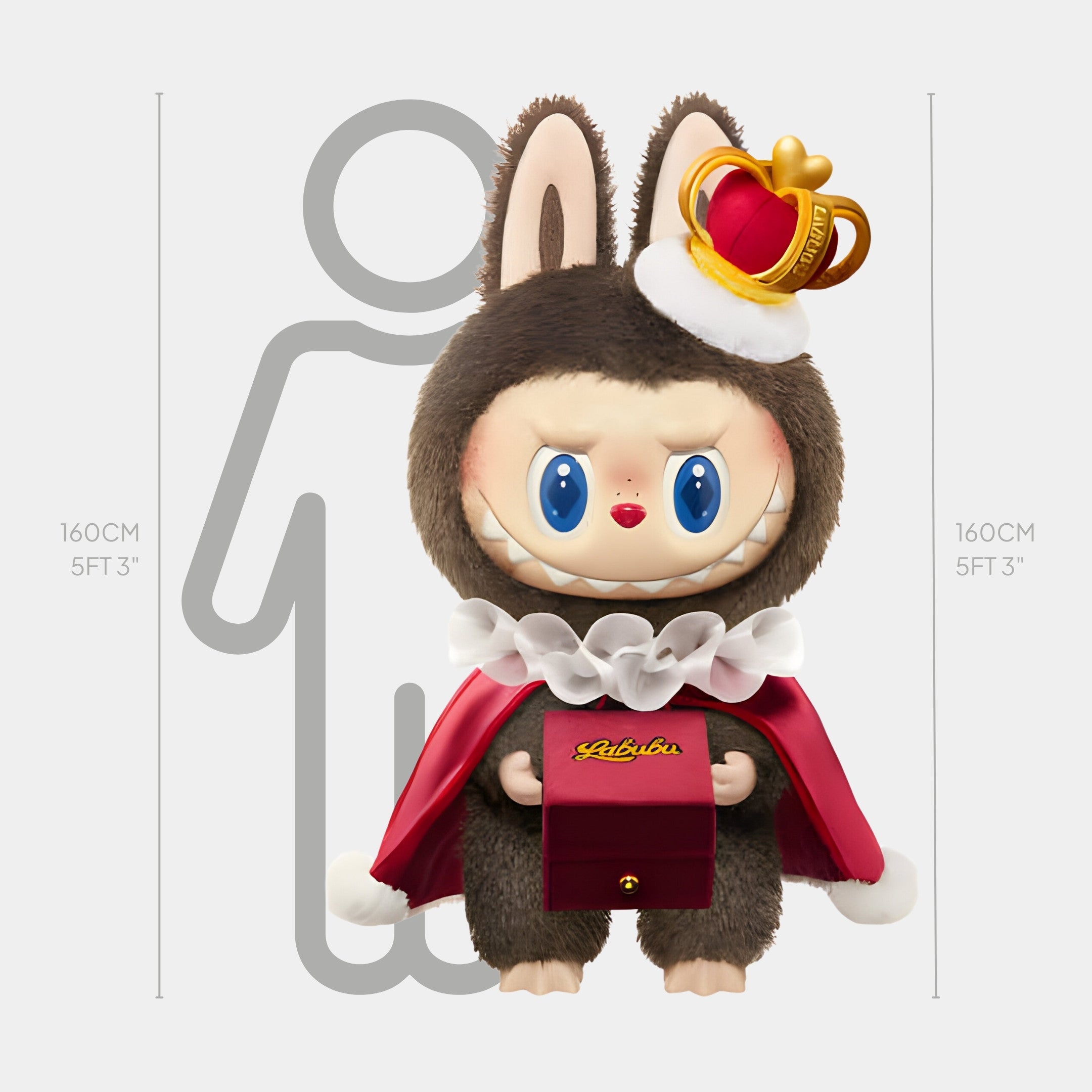 The Monster Lets Checkmate Box Labubu Sculpture by Giant Sculptures stands 160cm tall, featuring plush faux-fur, a crown, red cape, ruffled collar, and a small red box—posed before a height chart for display.