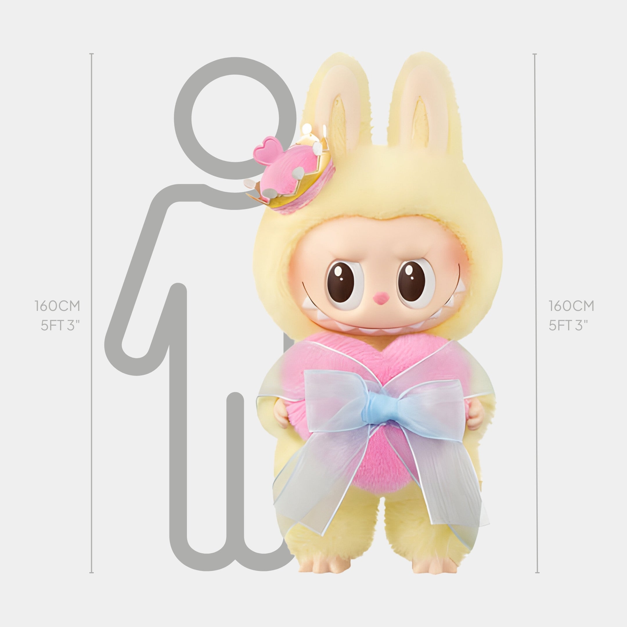 The Monster Lets Checkmate Heart Labubu Sculpture by Giant Sculptures is a 160cm plush doll in pastel colors, dressed in a yellow bunny costume with a floral hat, holding a pink heart with blue ribbon; it features a fibreglass core.