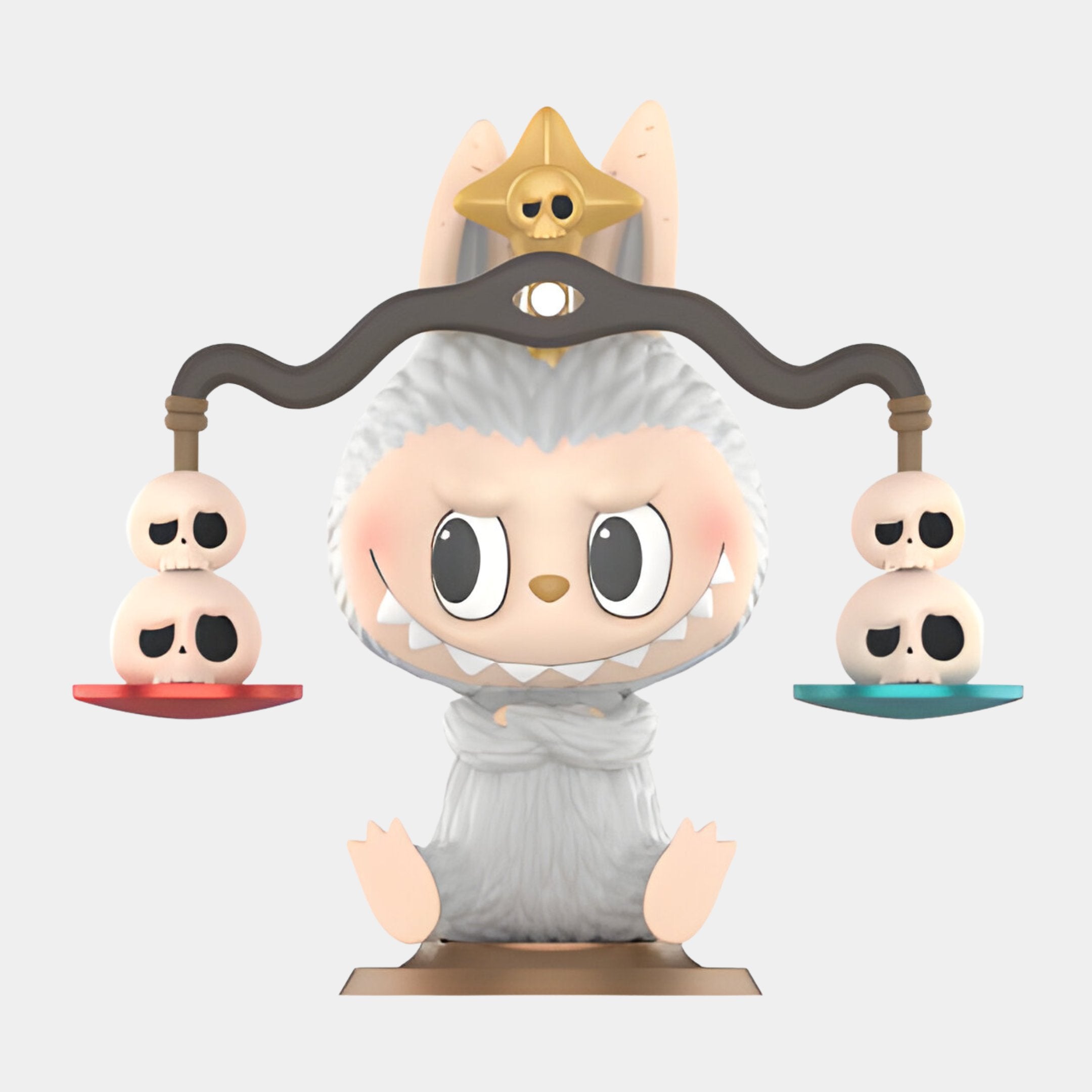 The 160cm Constellation Libra Labubu Sculpture by Giant Sculptures features a cute gray creature with big eyes, upright pose, scale balancing cartoon skulls on red and blue plates, plus a star and third eye for a zodiac-inspired design.