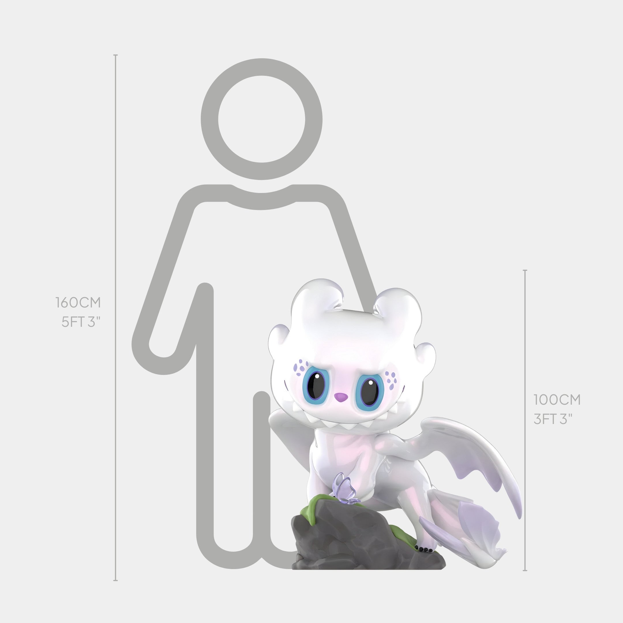 The Giant Sculptures Dragon Bond Light Fury Labubu Sculpture - 100cm, a small white dragon with blue eyes, stands before a gray person outline to illustrate its 100 cm (3 ft 3 in) height next to a 160 cm (5 ft 3 in) person.
