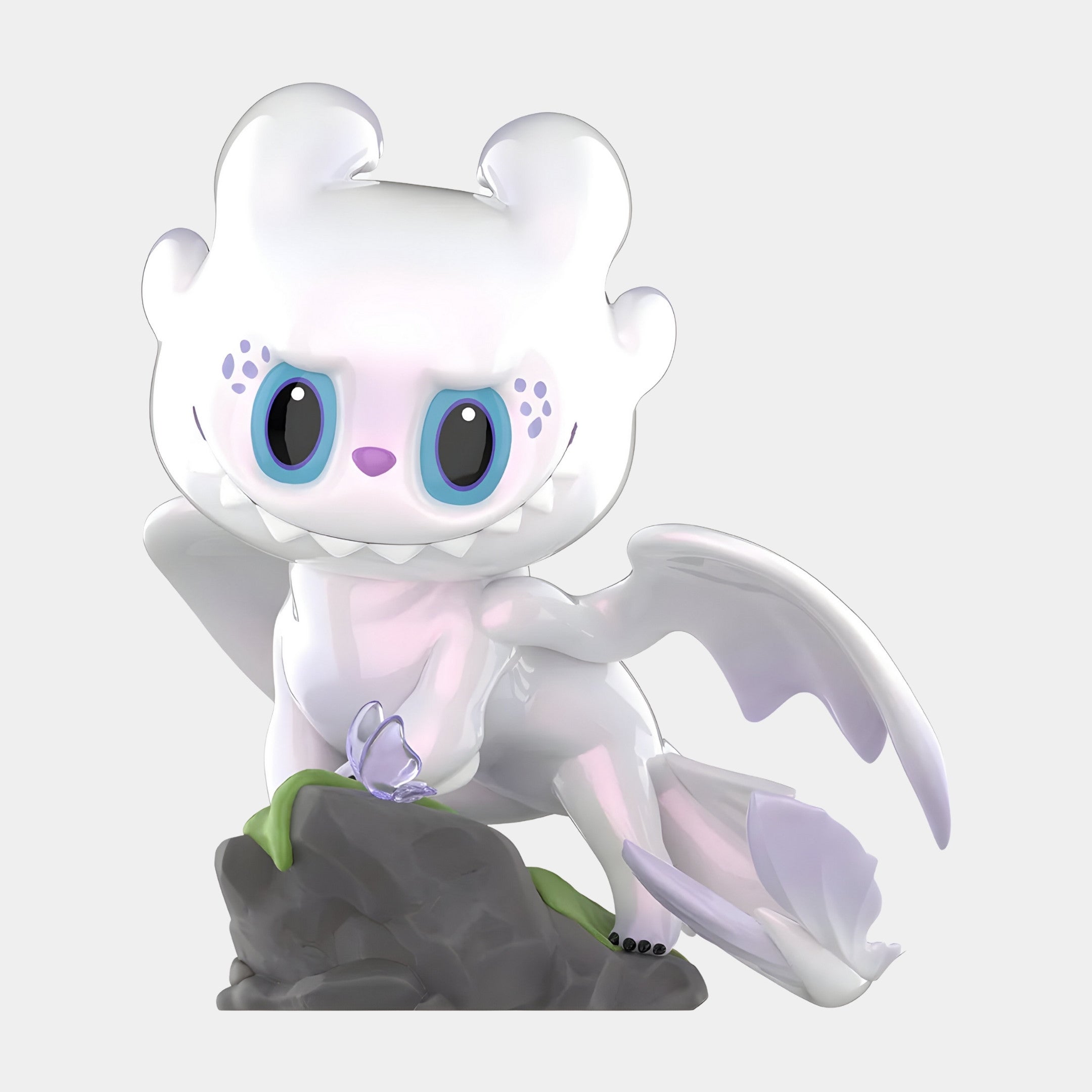 The Dragon Bond Light Fury Labubu Sculpture by Giant Sculptures stands 160cm tall, featuring iridescent scales, blue eyes, spread wings, and a purple butterfly by its claw for a playful cartoon look.
