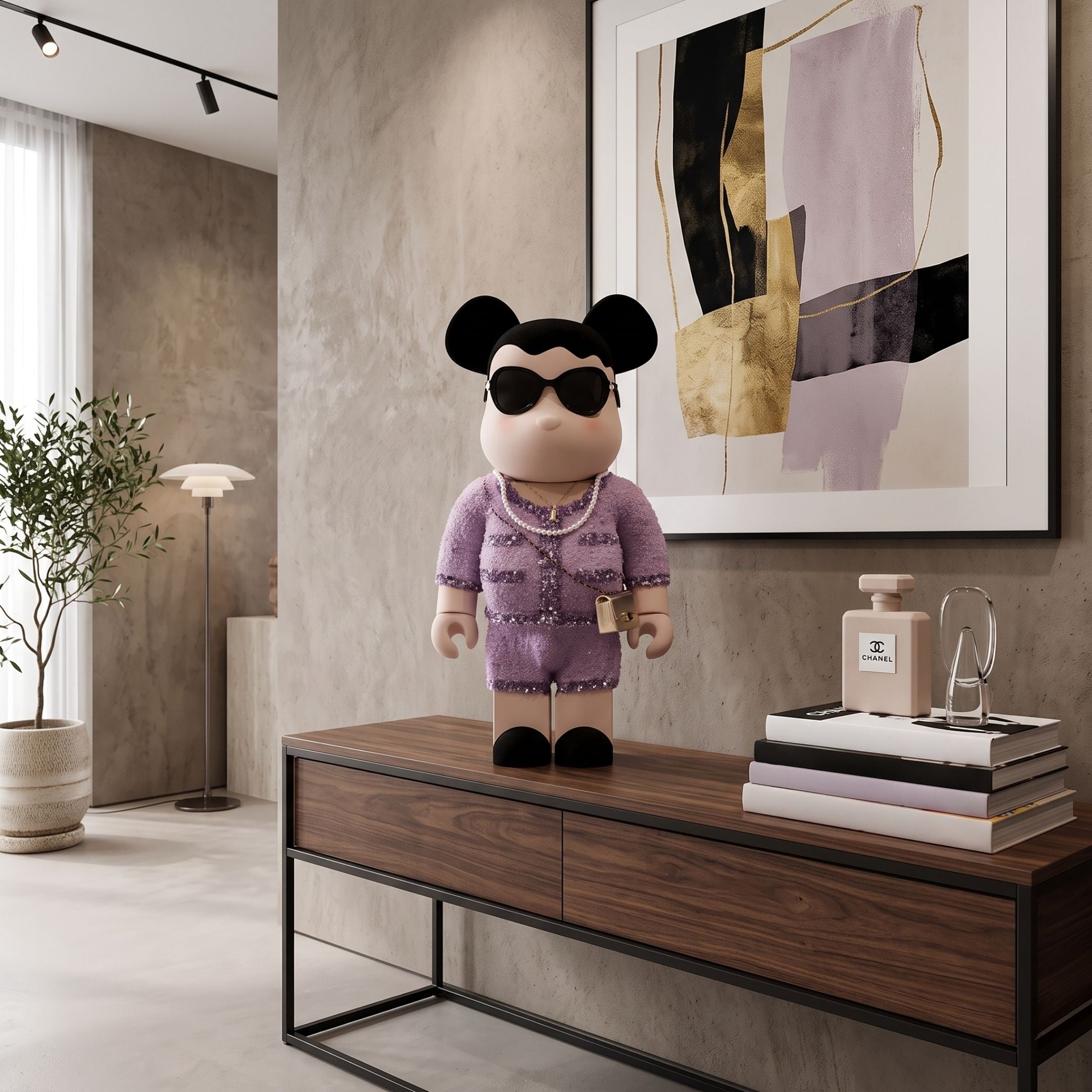 Lilac Couture Bear Sculpture, 70cm, by Giant Sculptures, with sunglasses, pearls, and purple bouclé suit, displayed on a wooden console beside framed abstract art.