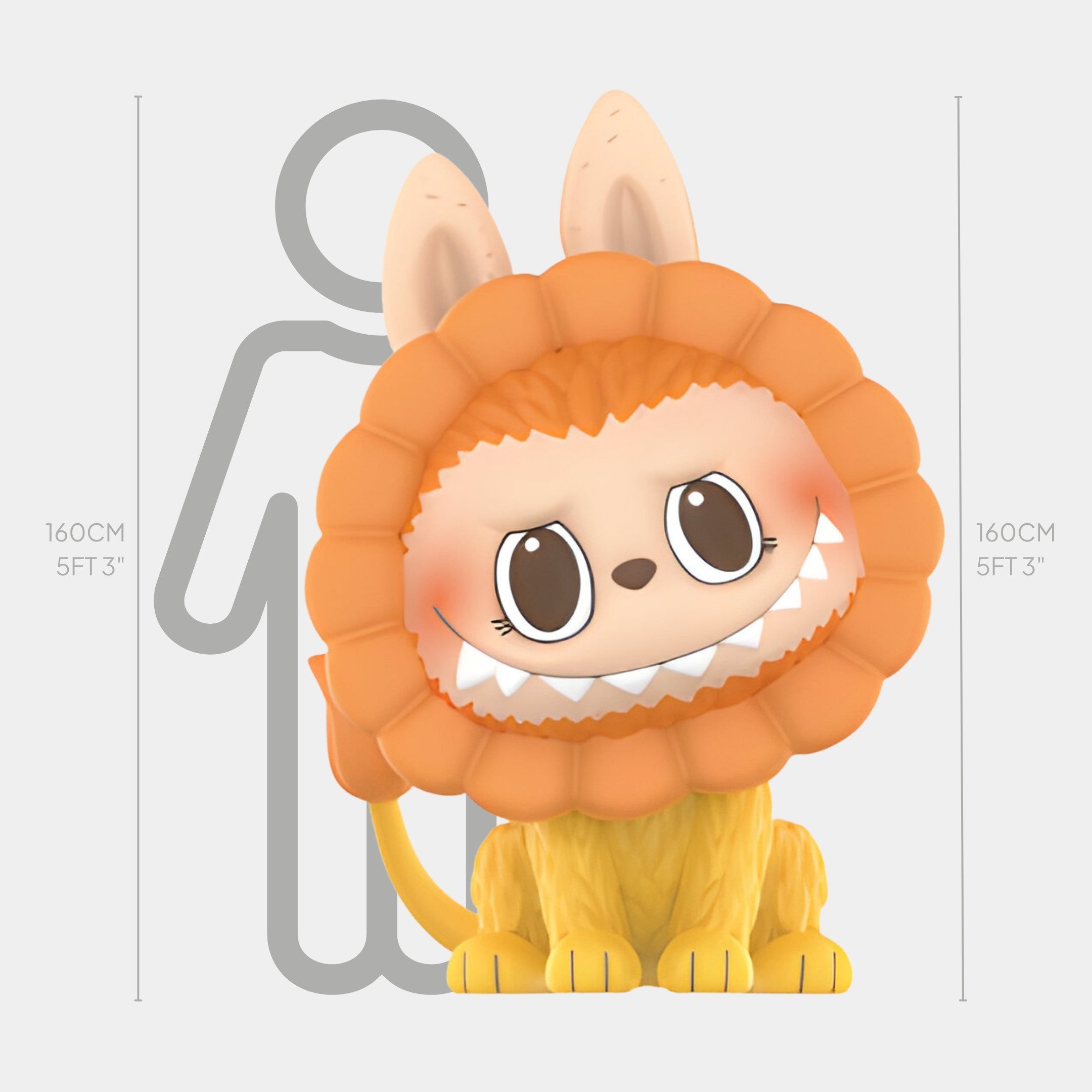 The Giant Sculptures Animal Lion Labubu Sculpture - 160cm stands playfully in a lion costume before a gray silhouette, showcasing its charming fibreglass design and impressive height.