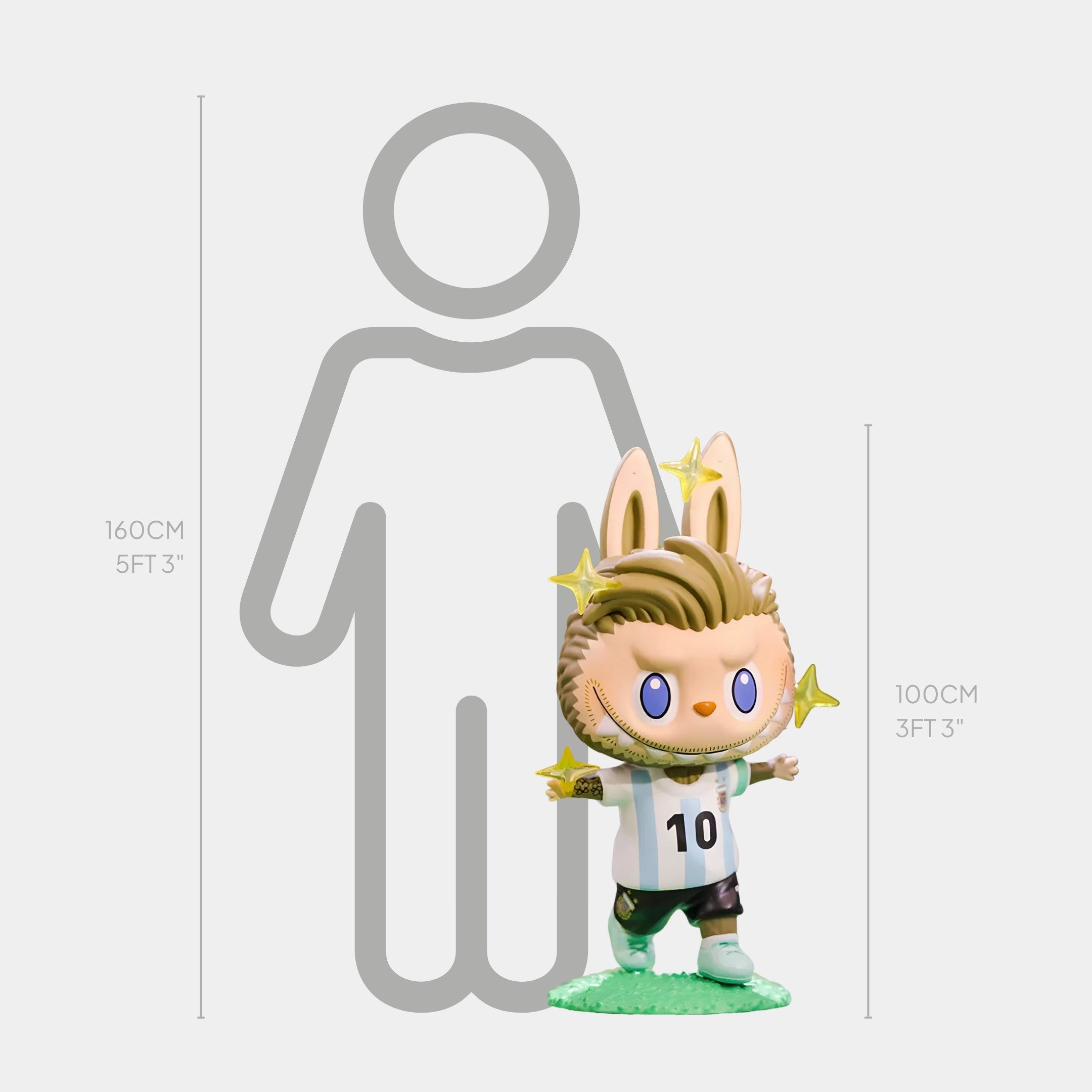 The Giant Sculptures World Cup No.10 Glory Labubu Sculpture is a 100cm (3ft 3in) collectible inspired by Messi, featuring rabbit ears and a white-black No.10 jersey, shown with a gray outline and height markers to celebrate Argentina’s football legacy.