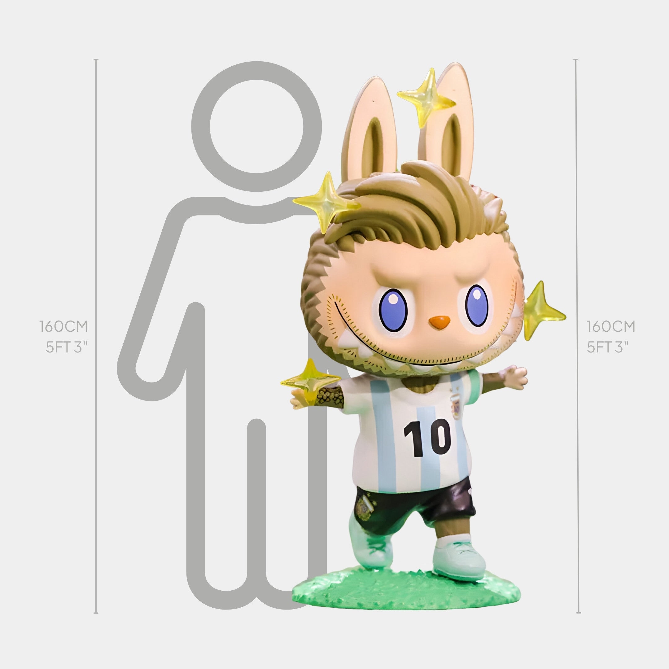The World Cup No.10 Glory Labubu Sculpture by Giant Sculptures stands 160cm tall, featuring a rabbit-eared cartoon figure in a striped No.10 jersey—a must-have Messi-inspired collectible for pop culture fans.