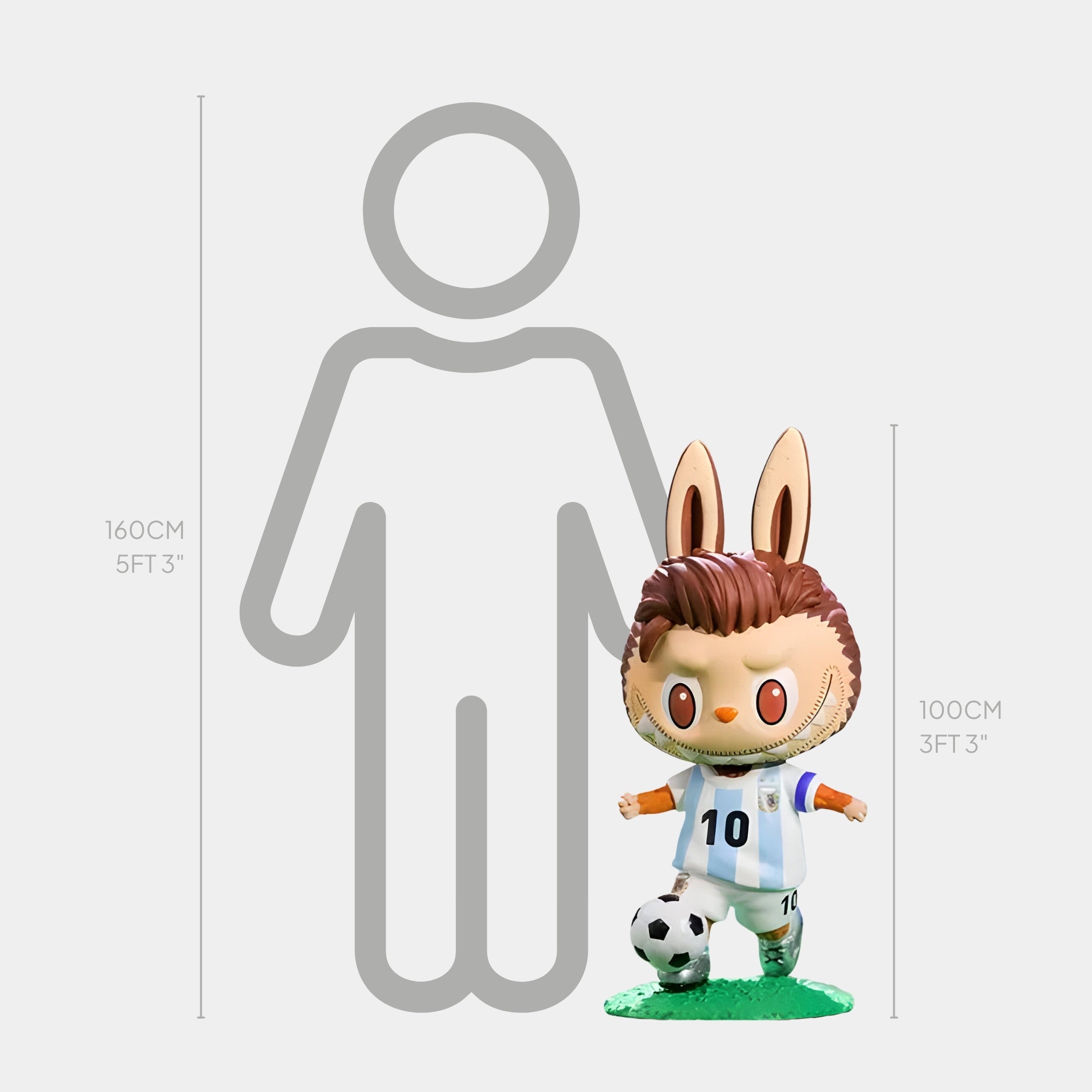The Giant Sculptures World Cup No.10 Dribble Labubu Sculpture (100cm) features a cartoonish Labubu with rabbit ears, inspired by Messi in an Argentina #10 jersey, standing beside a football and a 160cm vs. 100cm height comparison.