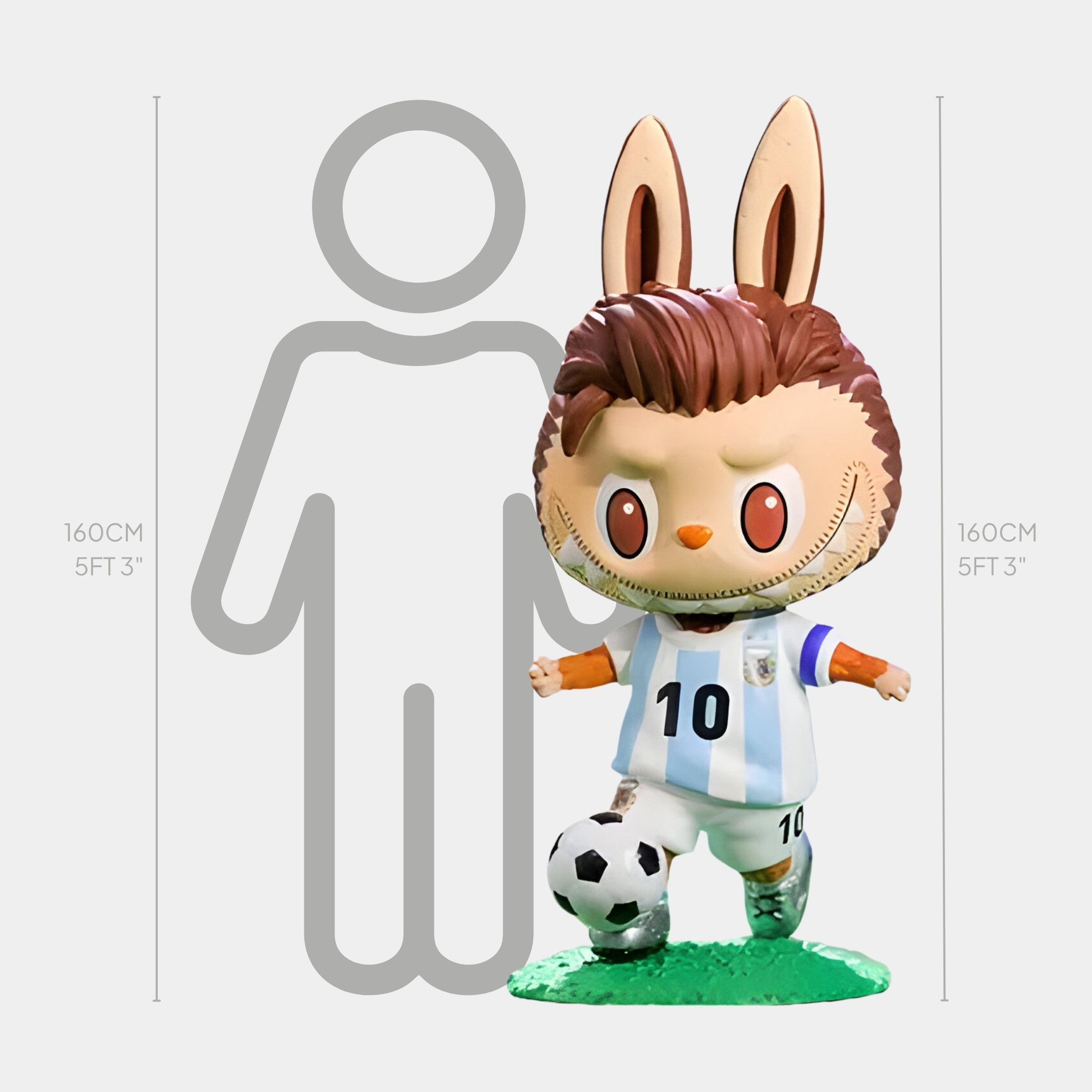 The 160cm World Cup No.10 Dribble Labubu Sculpture by Giant Sculptures features a cartoon bunny in Argentina’s No.10 jersey, inspired by Messi, standing with a soccer ball beside a human outline for scale in this playful fibreglass piece.