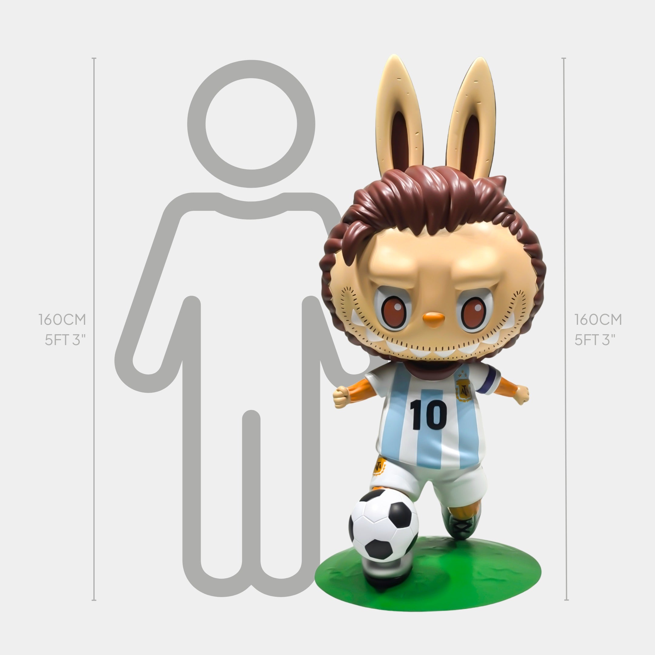 The Giant Sculptures World Cup No.10 Dribble Labubu Sculpture is a 160cm cartoon bunny with brown hair, an Argentina Messi-inspired No.10 jersey, dribbling a soccer ball and shown beside a 160cm human outline for scale.