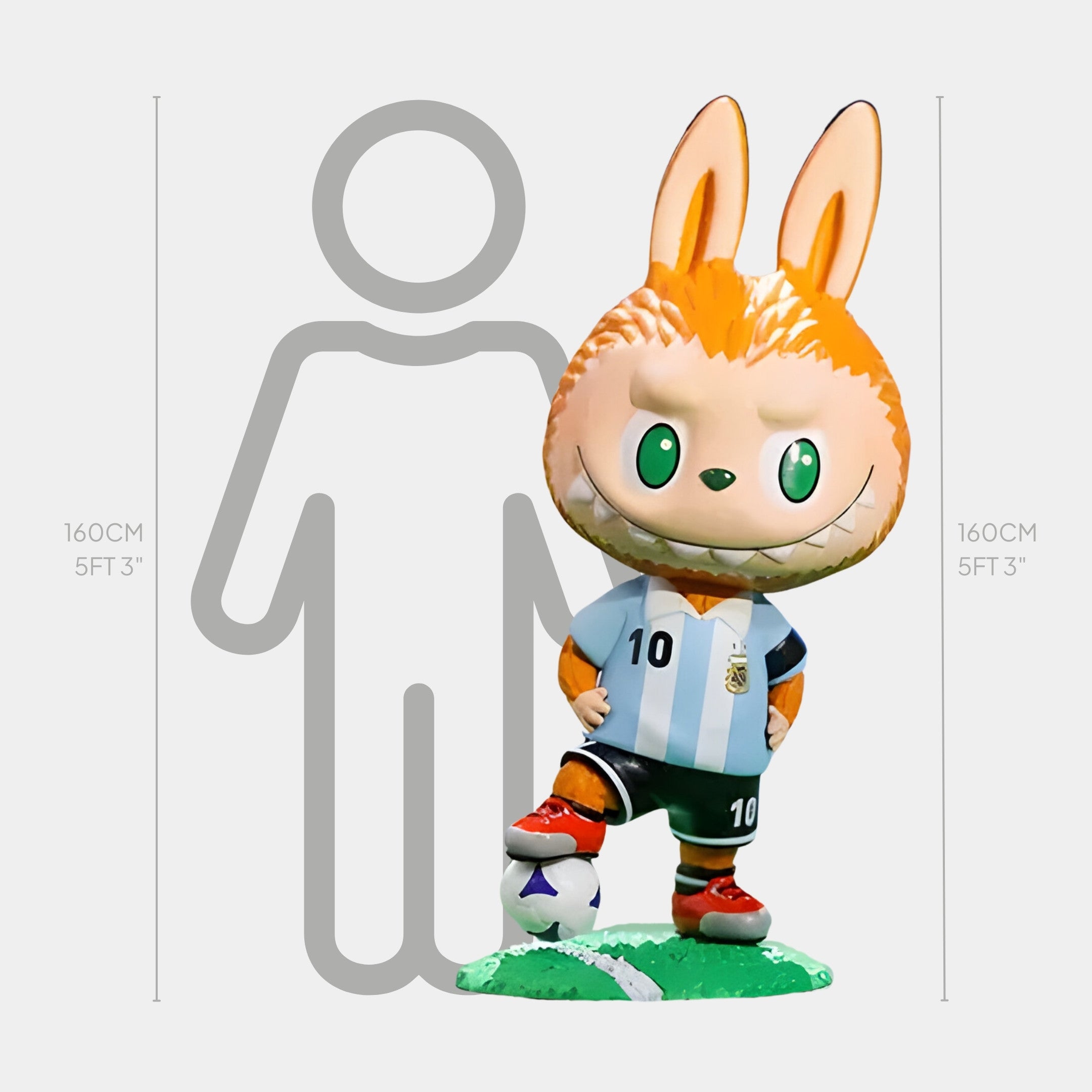 The World Cup No.10 Kick-Off Labubu Sculpture by Giant Sculptures depicts a cartoon rabbit in an Argentina soccer uniform standing 160 cm (5 ft 3 in) tall next to a soccer ball, honoring Argentinas football legacy and stars like Messi.