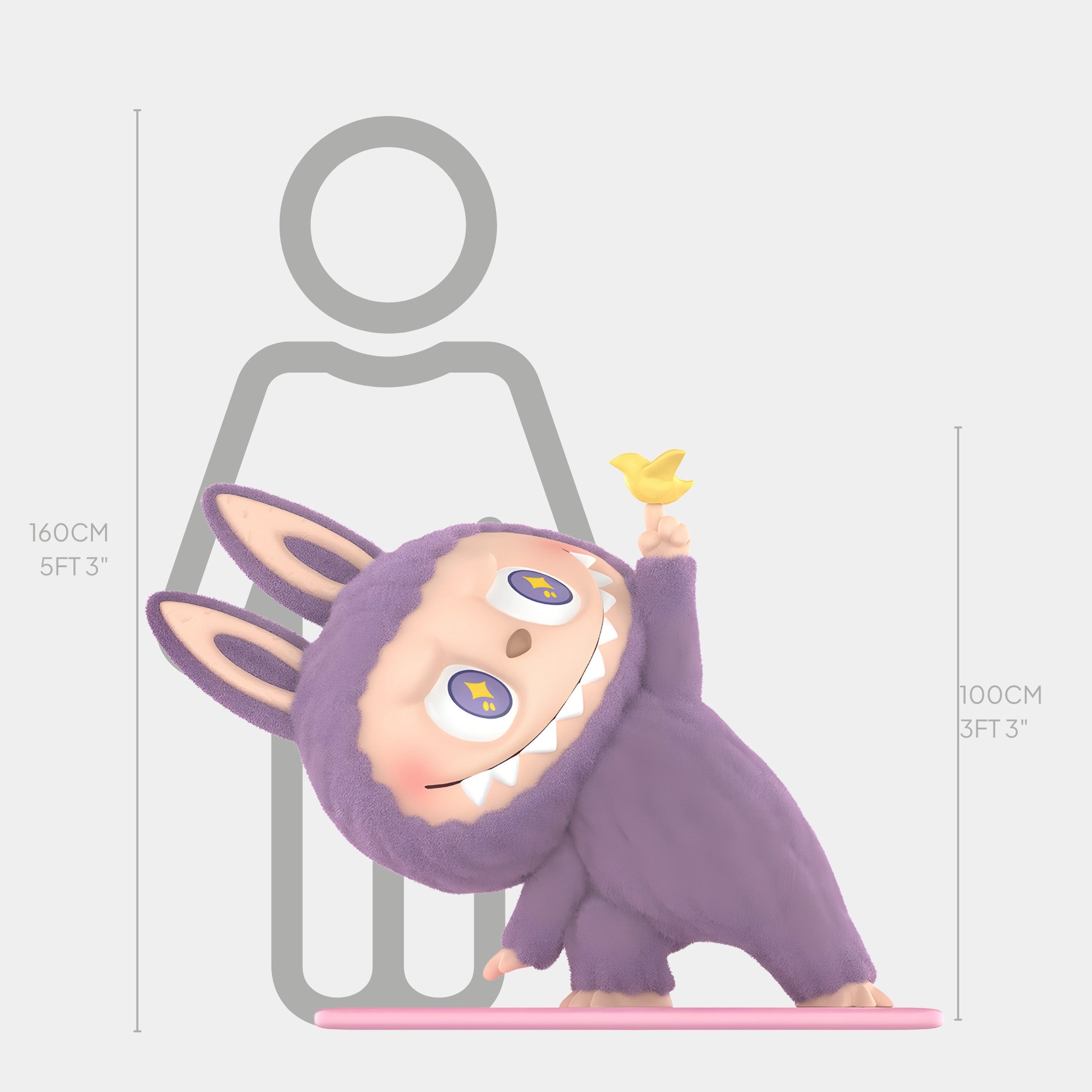The Lazy Yoga Little Bird Labubu Sculpture (100cm) by Giant Sculptures features a wide-eyed character in a fuzzy purple bunny suit with a yellow bird on a pink base, shown beside a size chart comparing its 100cm height to a human silhouette of 160cm.