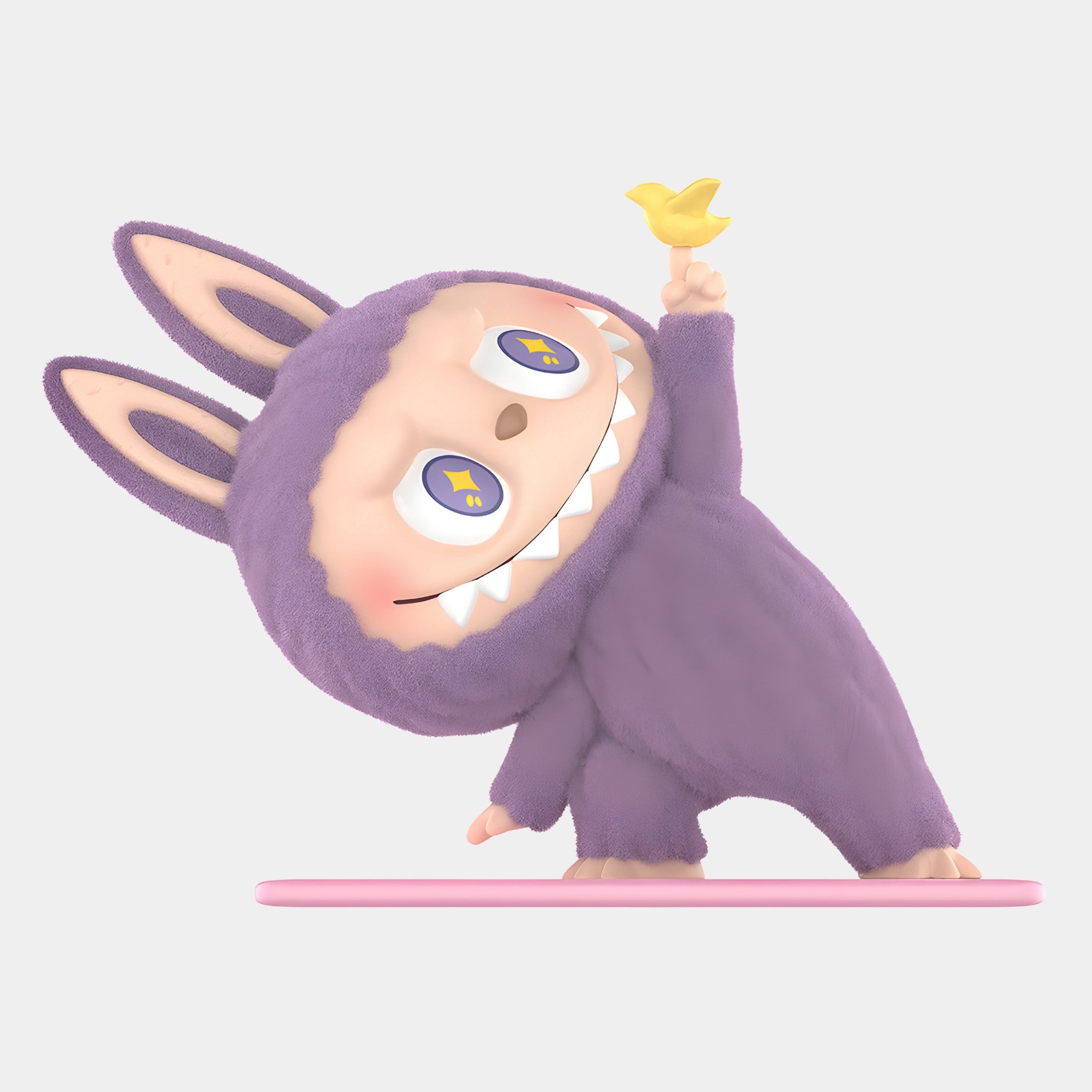 The Giant Sculptures Lazy Yoga Little Bird Labubu Sculpture - 160cm features a cheerful doll in a fuzzy purple bunny suit on a pink base, smiling and holding a yellow bird, with big blue eyes and oversized ears.