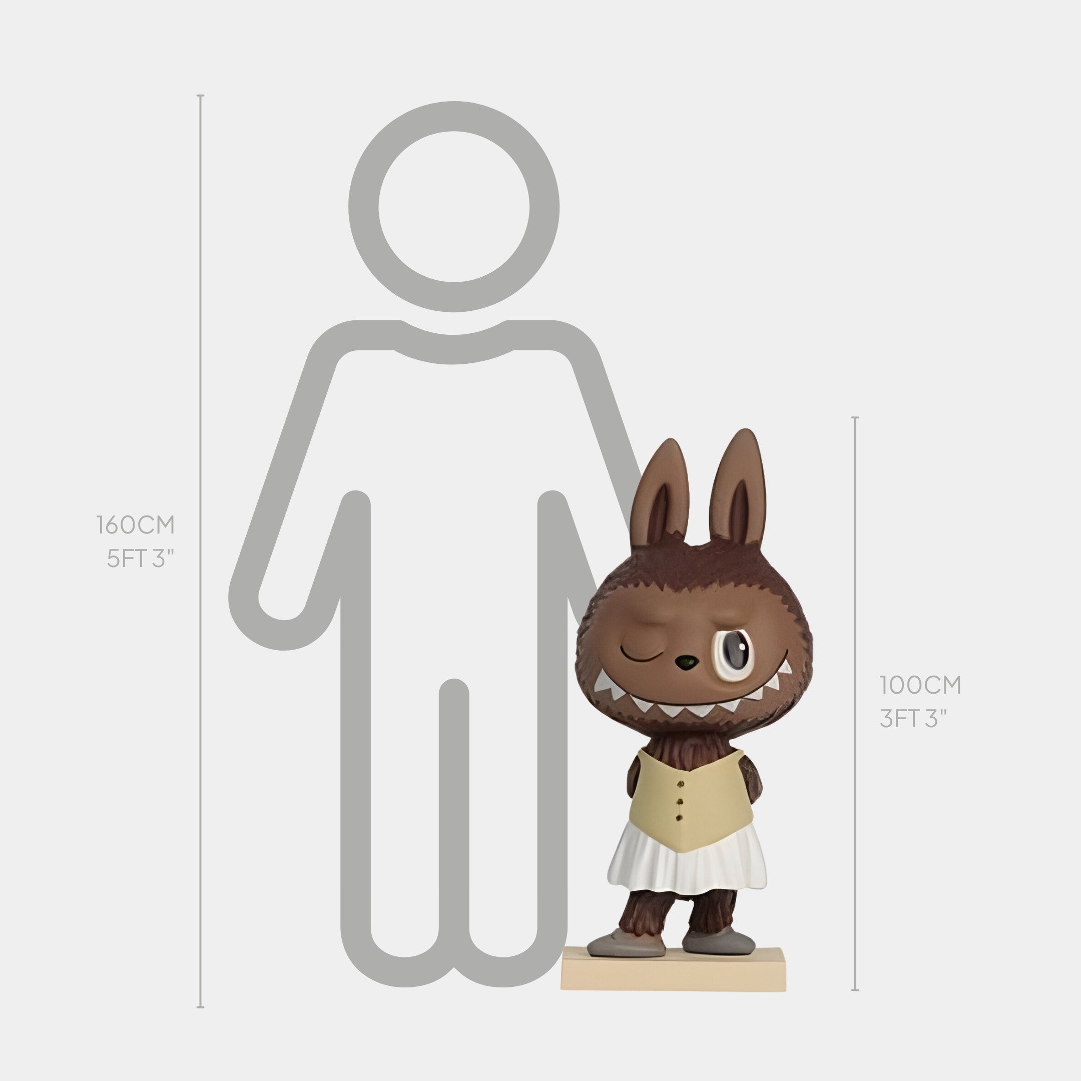 The Art History Little Dancer Labubu Sculpture - 100cm by Giant Sculptures features a cartoonish brown wolf in a white dress, winking on a platform next to height markers showing the 100cm figure beside a 160cm human outline.