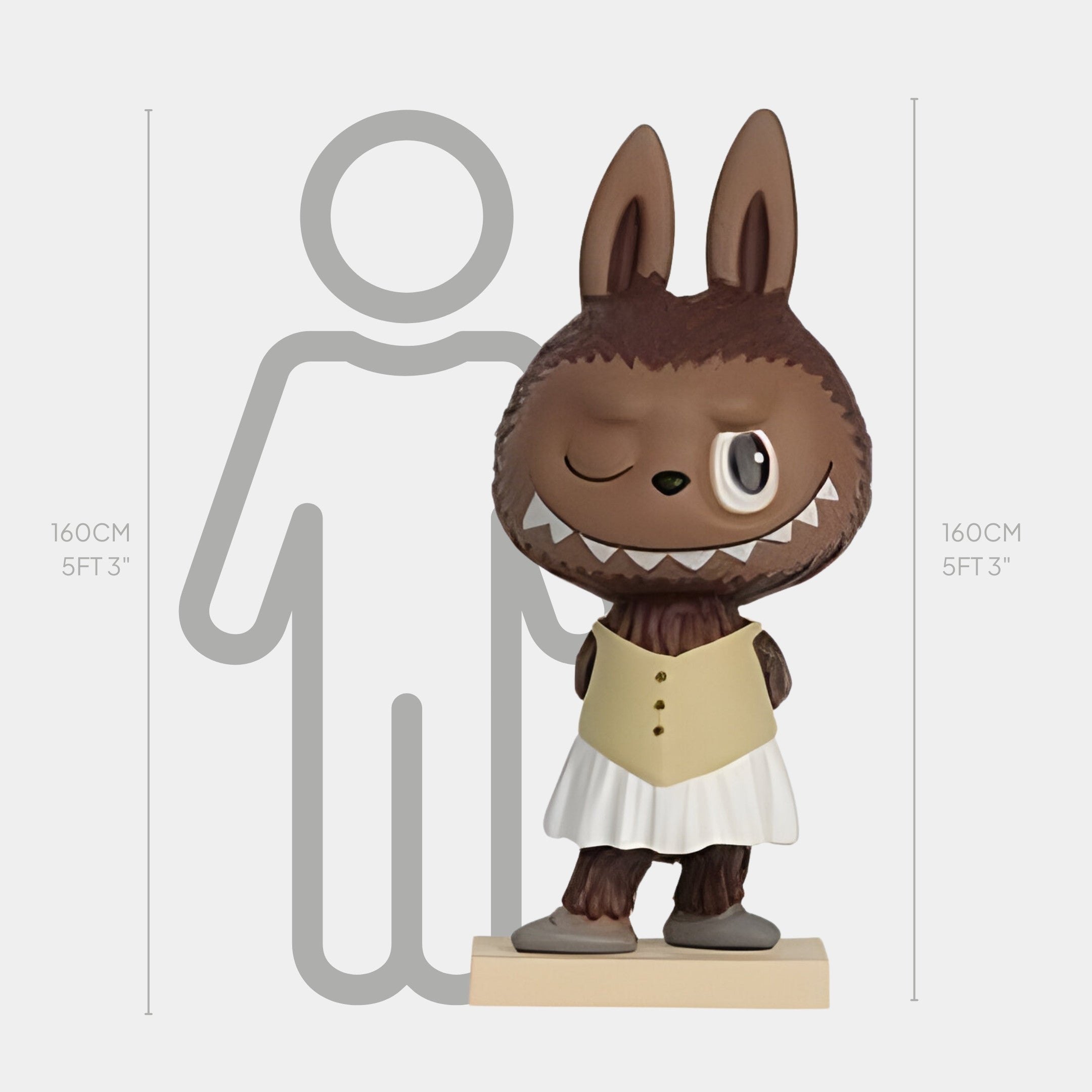The Art History Little Dancer Labubu Sculpture (160cm) by Giant Sculptures features a winking animal face, tall ears, sharp teeth, beige vest and white skirt—ideal for creative spaces. It stands almost as tall as a 160cm outline.