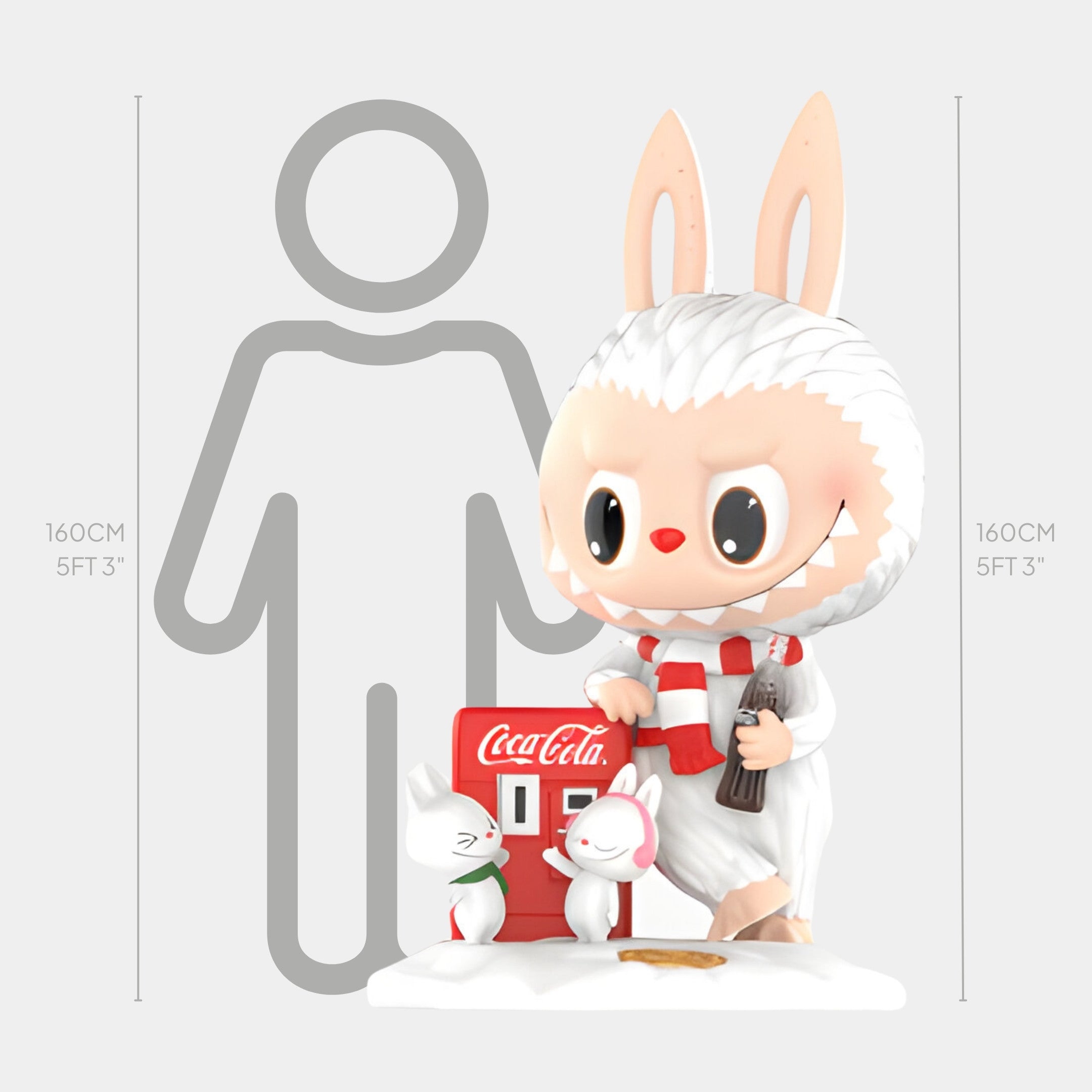 The 160cm Little Snowman Coca-Cola Labubu Sculpture by Giant Sculptures features Labubu in a bunny suit with a red-striped scarf, holding a Coca-Cola bottle beside two smaller bunny figures, a vending machine, and scale references in the background.