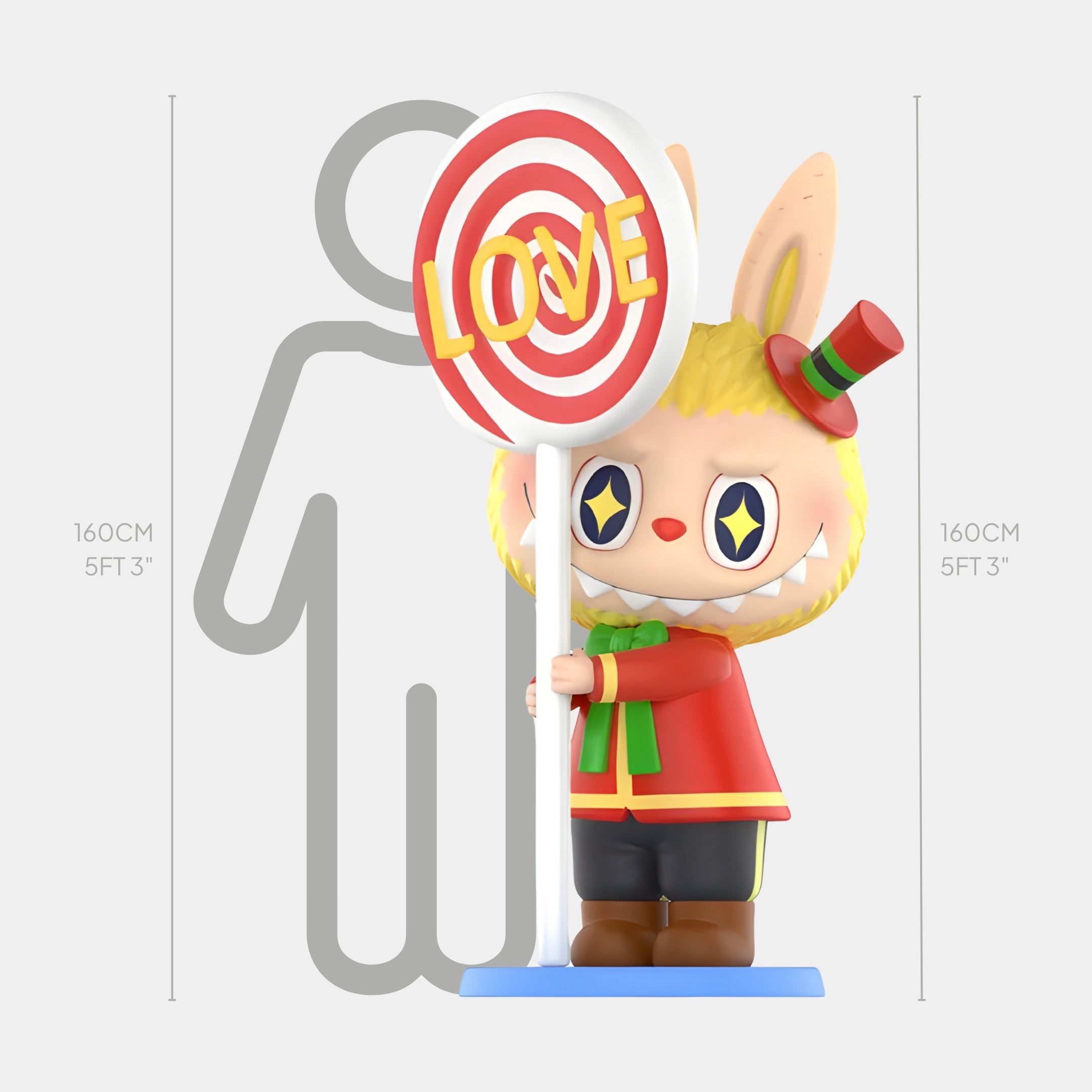 The Lollipop Candy Labubu Sculpture - 160cm by Giant Sculptures features a cheerful cartoon bunny in a red outfit and green scarf, holding a LOVE lollipop sign. Displayed by a height chart, its crafted from durable fibreglass.