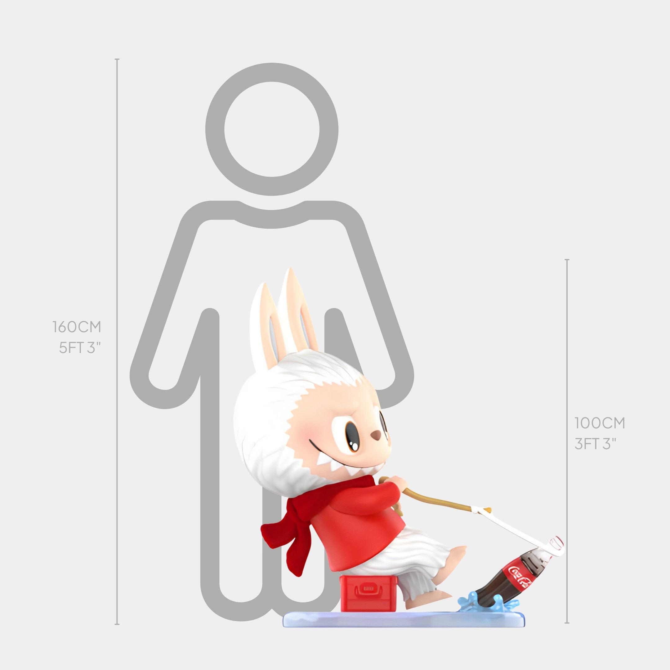 The Treasurer Coca-Cola Labubu Sculpture by Giant Sculptures stands 100cm tall, featuring a cartoon figure with bunny ears and a red scarf fishing for a Coke bottle beside a blue fish—illustrating playful visual storytelling.