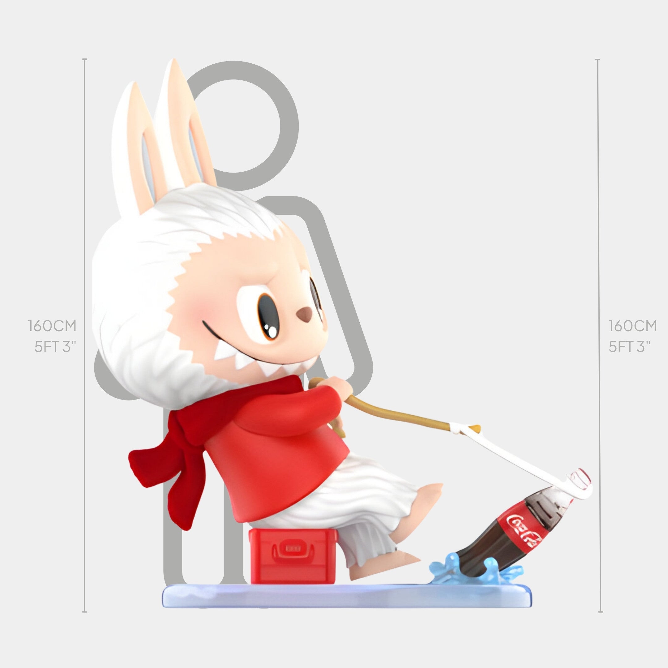 The Treasurer Coca-Cola Labubu Sculpture by Giant Sculptures stands about 160cm tall. It features a cute cartoon Labubu in a red scarf and white outfit, fishing a Coca-Cola bottle, and comes displayed on a red box.